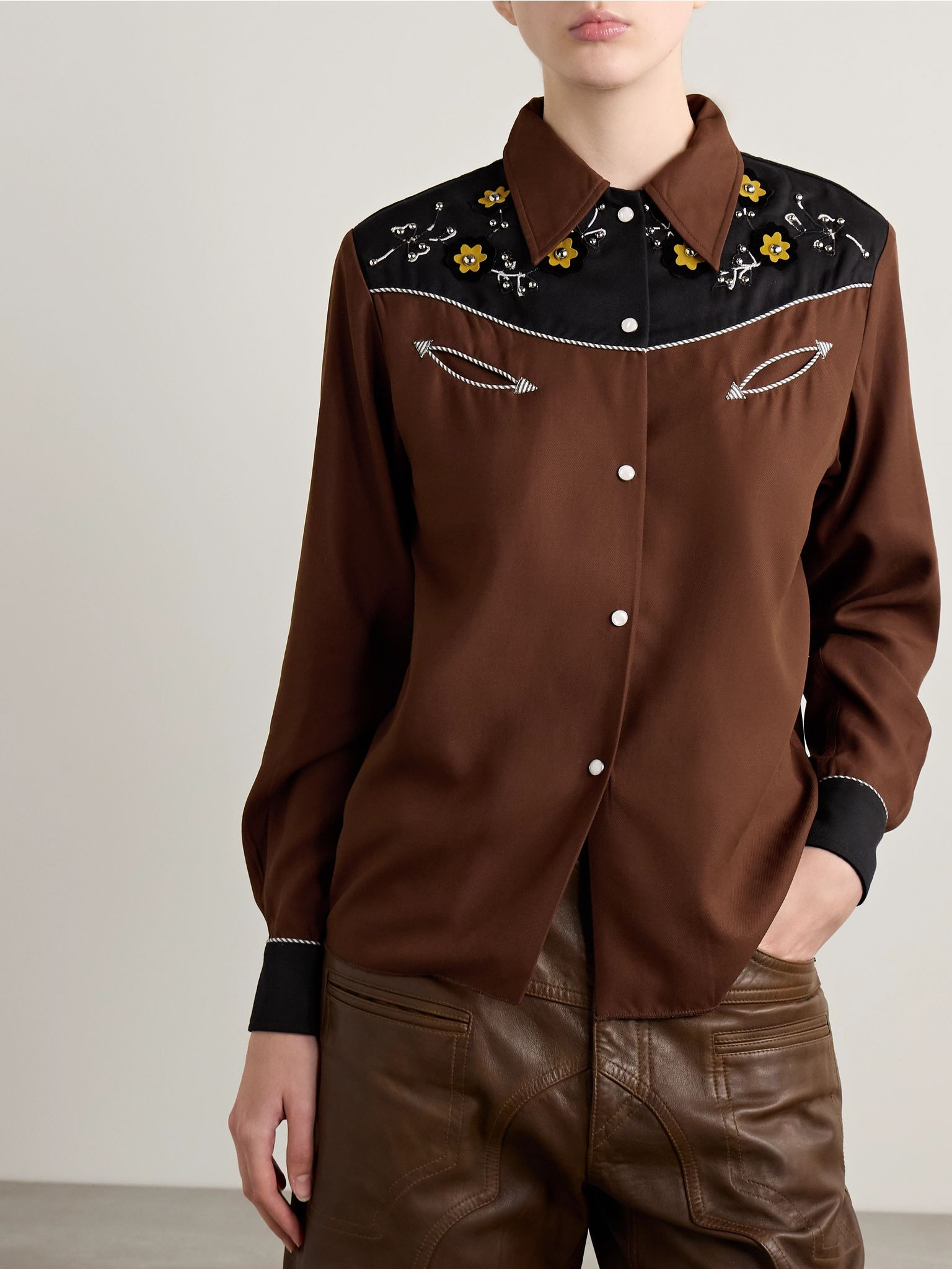 Abilene studded appliquéd paneled twill shirt Chocolate - 3