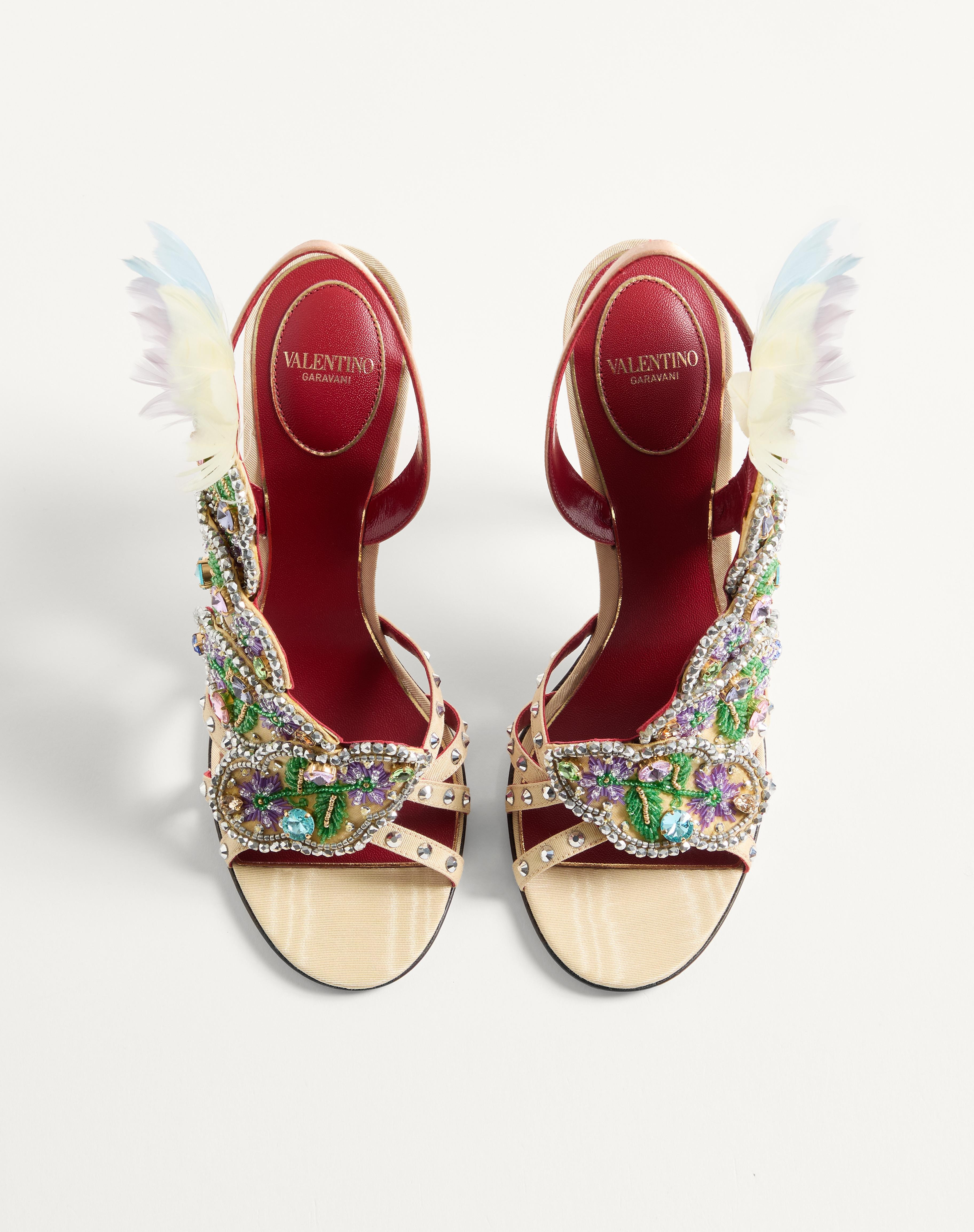 DANS LE FOYER SANDAL IN MOIRÉ FABRIC WITH FLORAL EMBROIDERY AND FEATHERS 105MM - 4