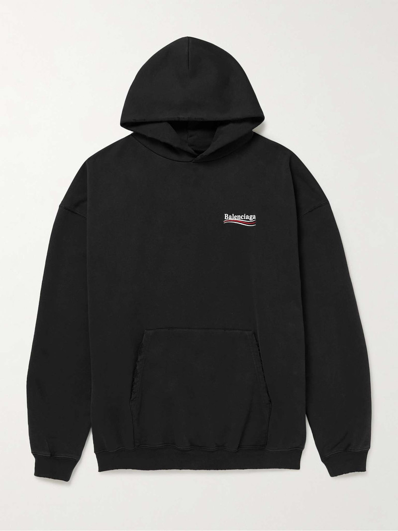 Oversized Distressed Logo-Embroidered Cotton-Jersey Hoodie - 1