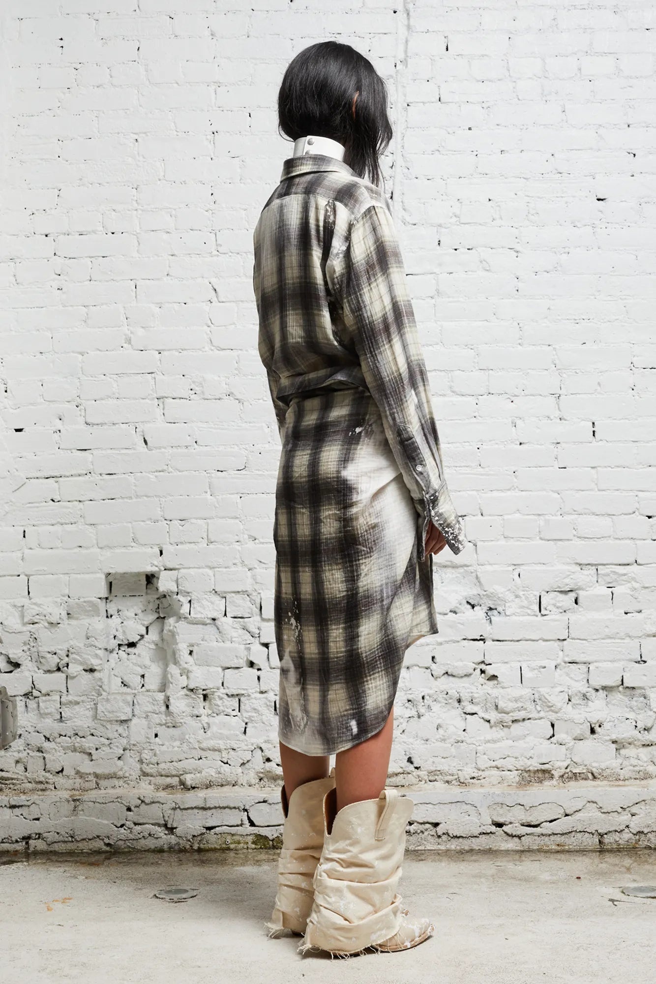TIE SHIRTDRESS - BLEACHED GREY PLAID - 5