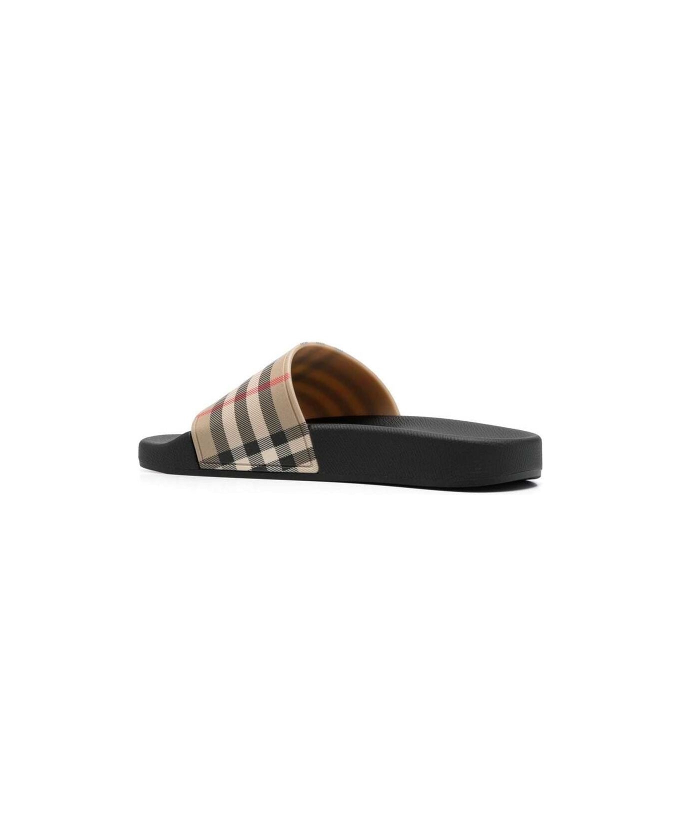 Brown Slides Sandals With Vintage Check Motif In Polyurethane - 3