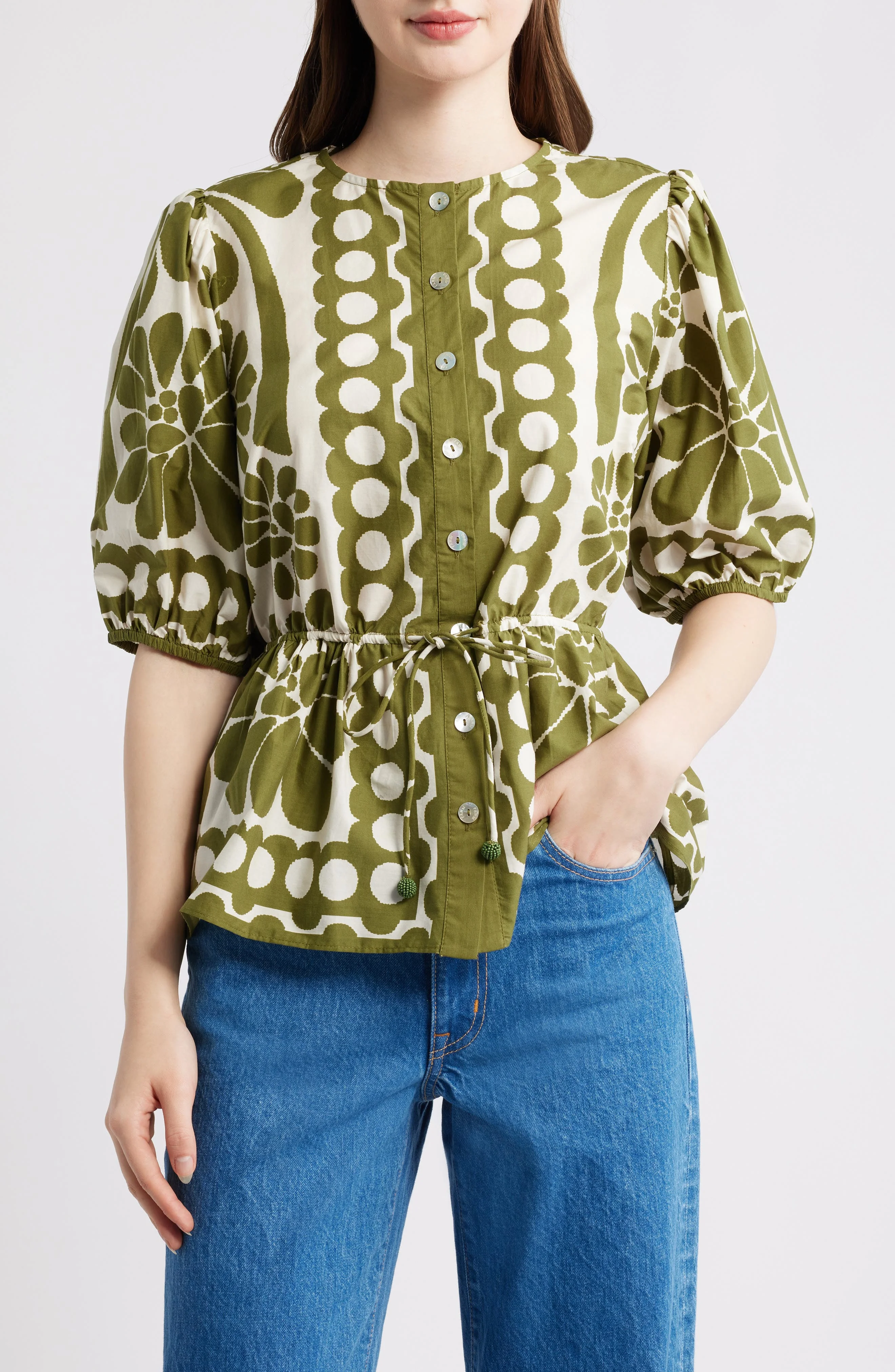 FARM Rio Palermo Floral Cotton Drawstring Waist Button-Up Shirt in Palermo Green at Nordstrom - 1