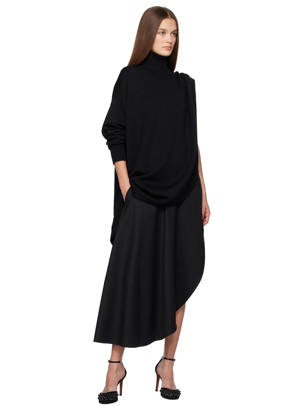 Black Asymmetrical Cape Turtleneck - 5