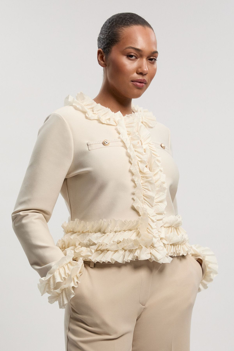 Plus Size Figure Form Bandage Knit Jacket With Woven Ruffle Trim 1