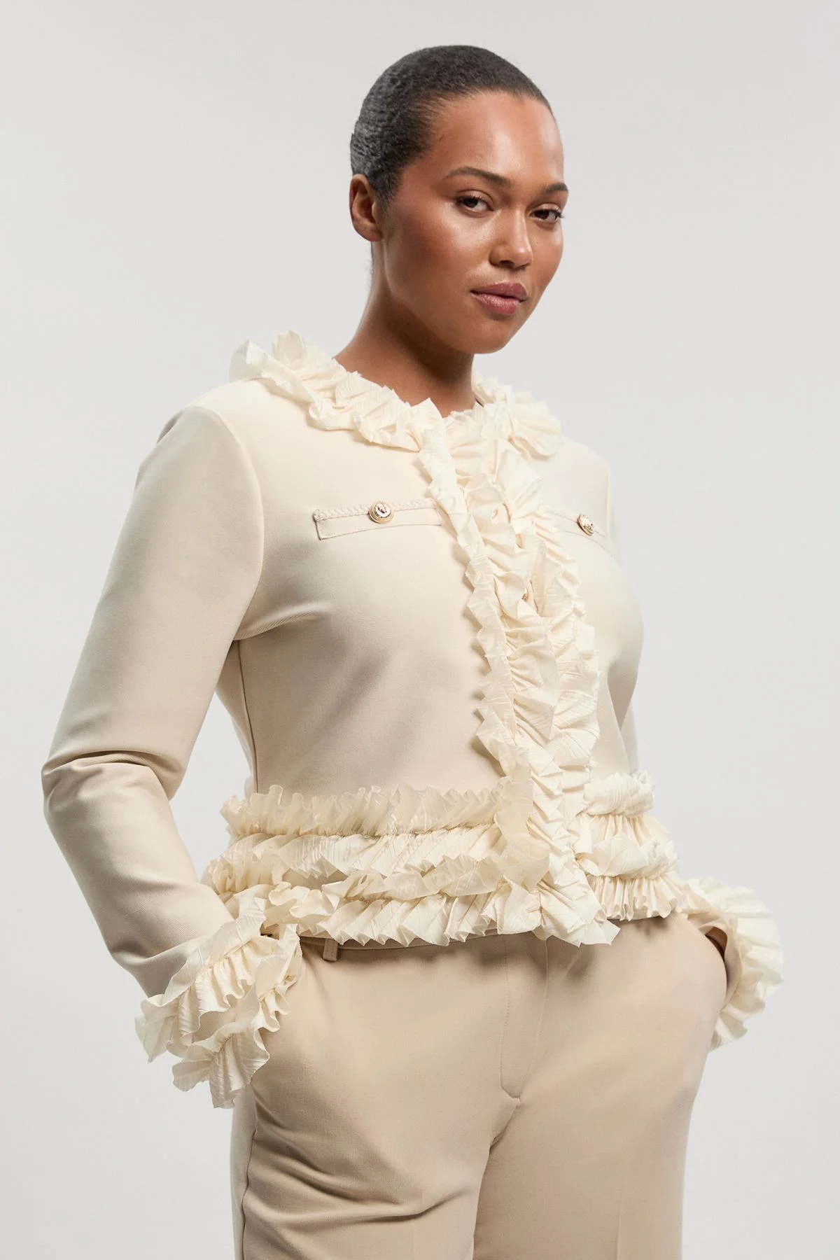 Plus Size Figure Form Bandage Knit Jacket With Woven Ruffle Trim - 1
