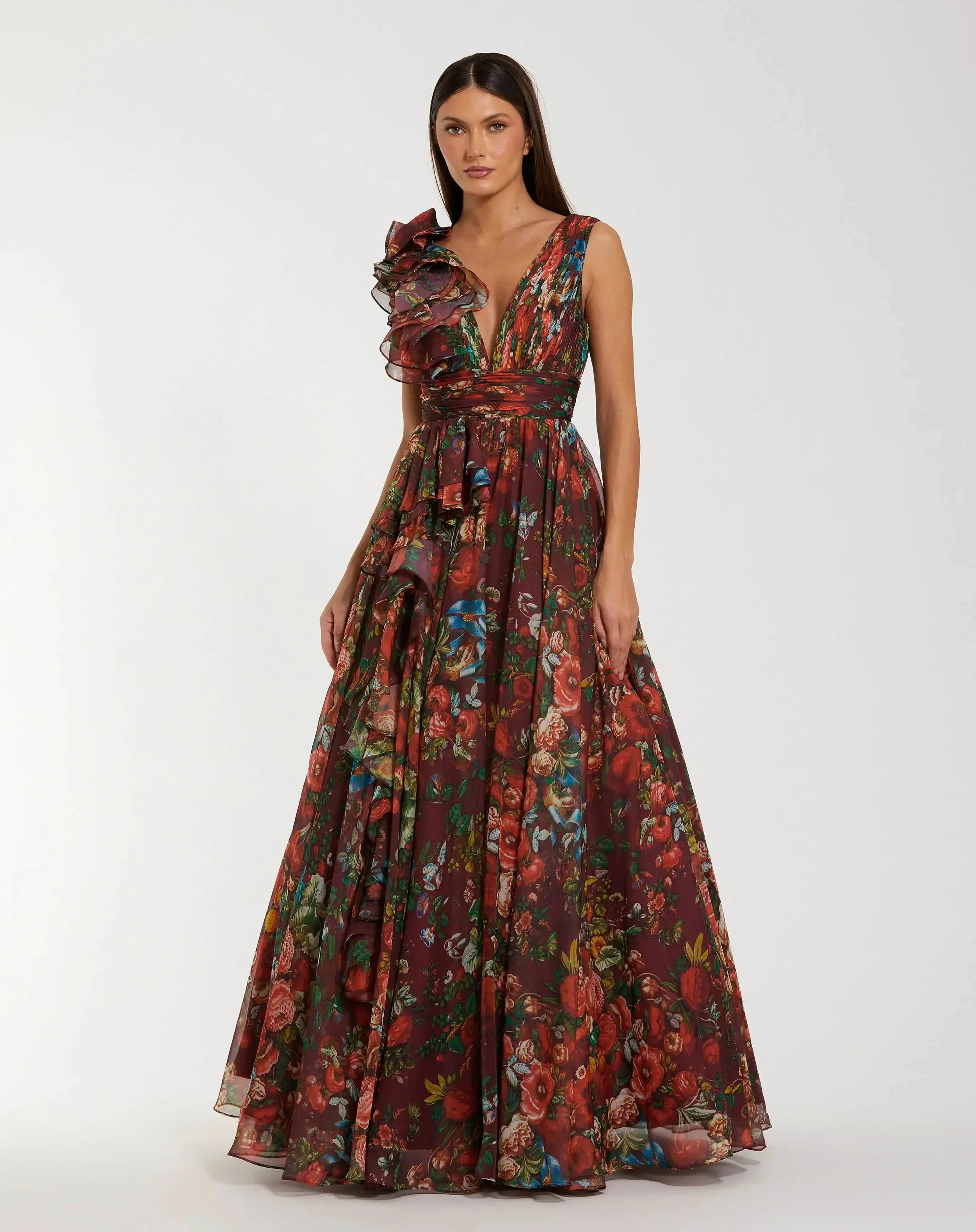 Wine Sleeveless V-Neck Floral Chiffon Ruffle Ball Gown - 1