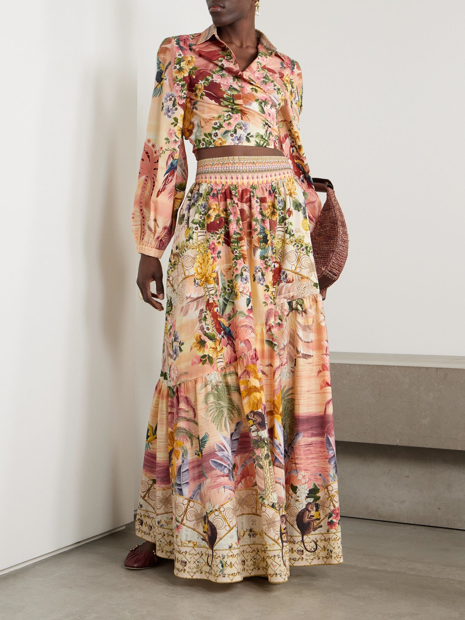 + The White Lotus cropped printed crystal-embellished organic cotton-poplin wrap shirt Pink - 2