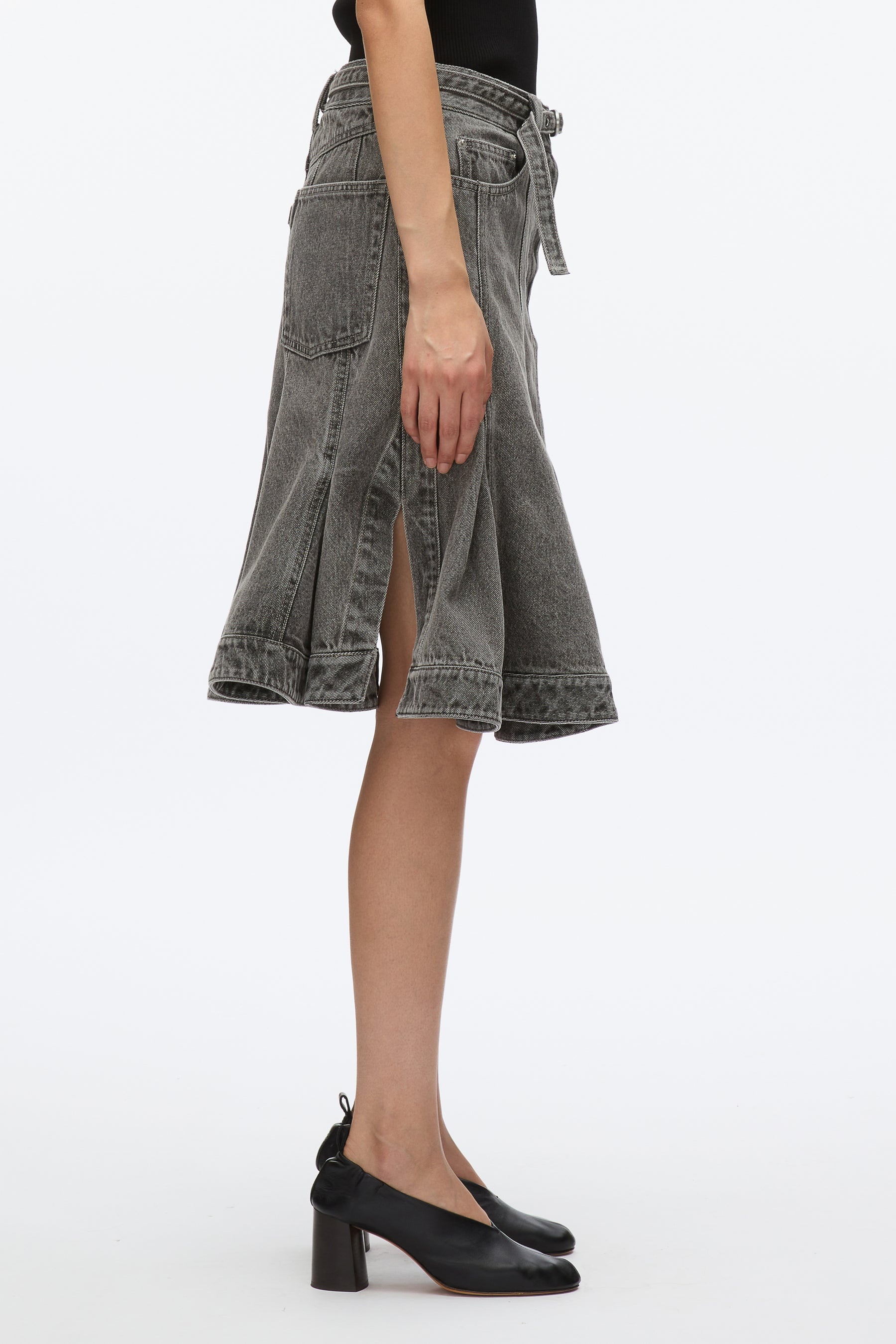 Flounce Hem Belted Denim Skirt - 3
