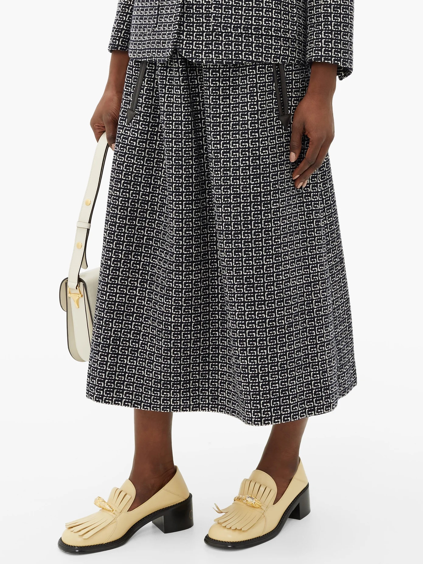 G-jacquard leather-trim tweed midi skirt - 6