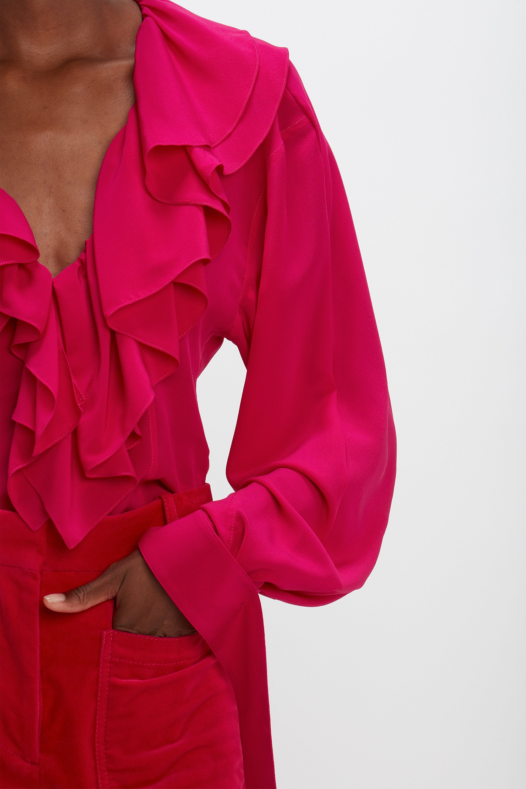 Deep V Ruffled Blouse in Fuschia - 5