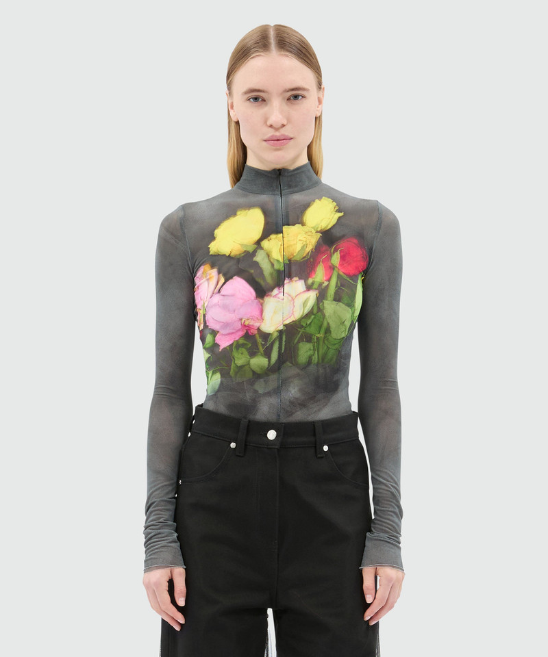 MSGM Black stretch tulle bodysuit with "Roses bouquet" graphic outlook