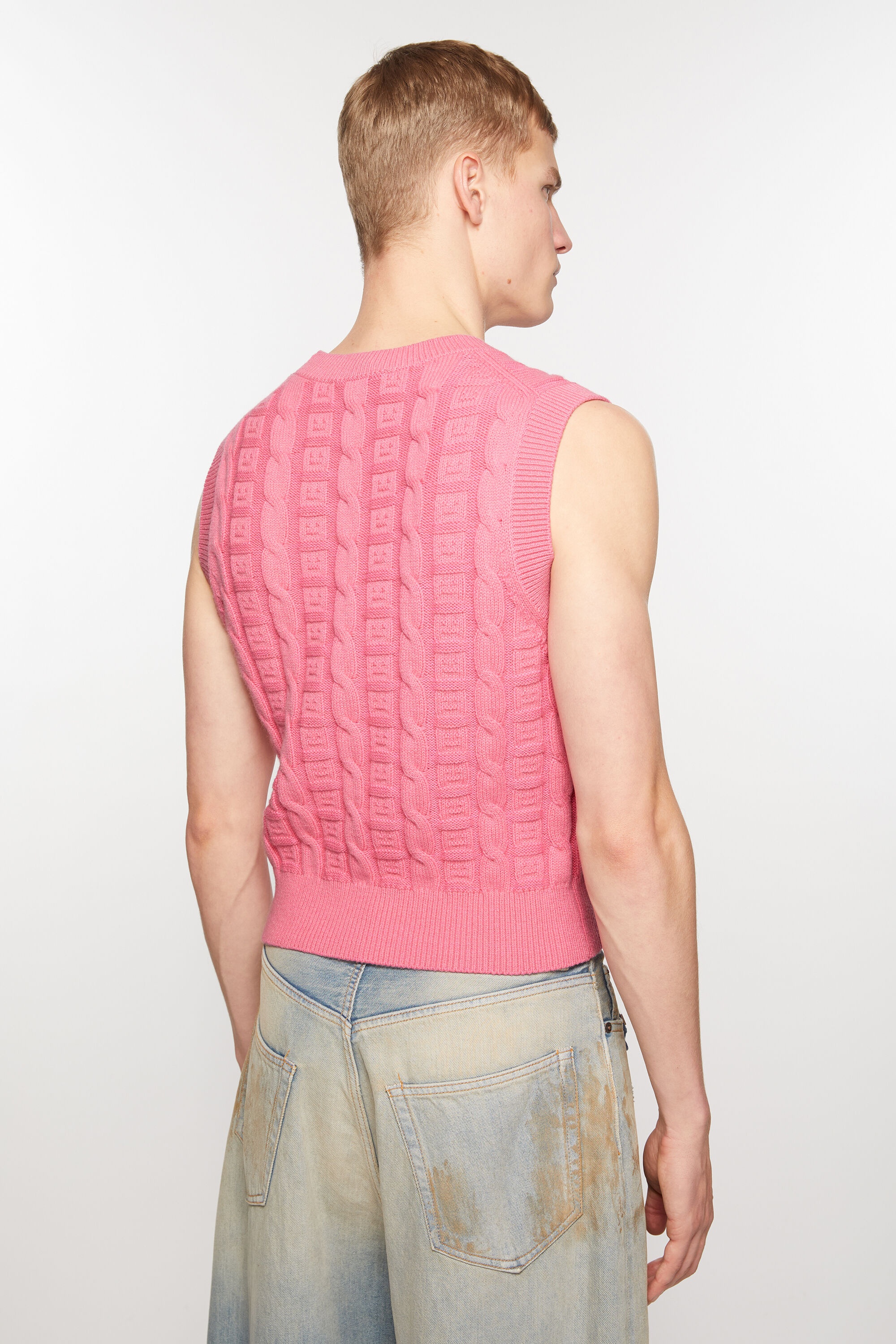 Cable wool sleeveless jumper - Tango pink - 3