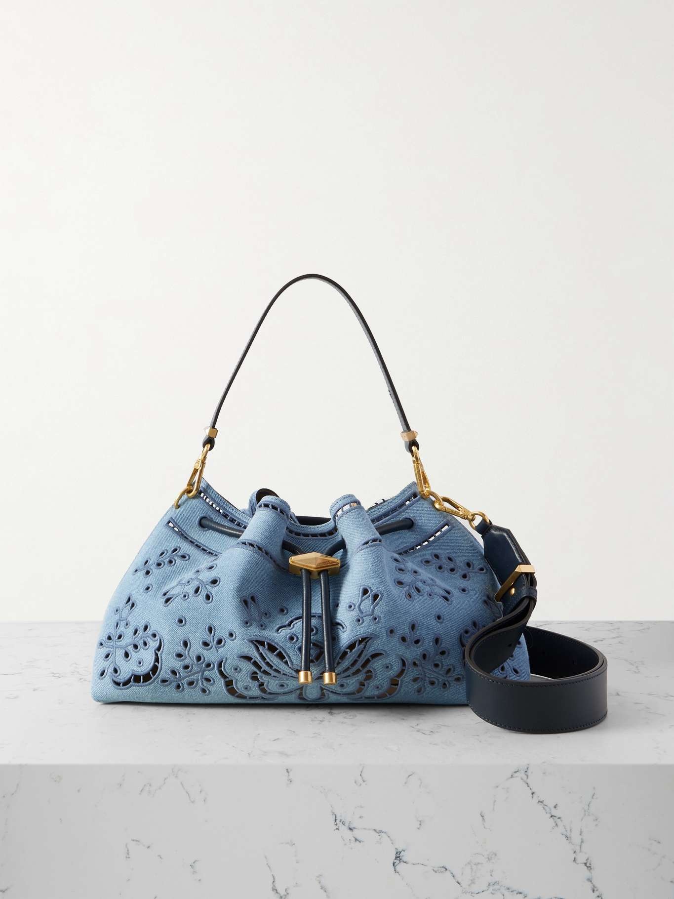 Cinch leather-trimmed broderie anglaise denim shoulder bag Light denim - 1