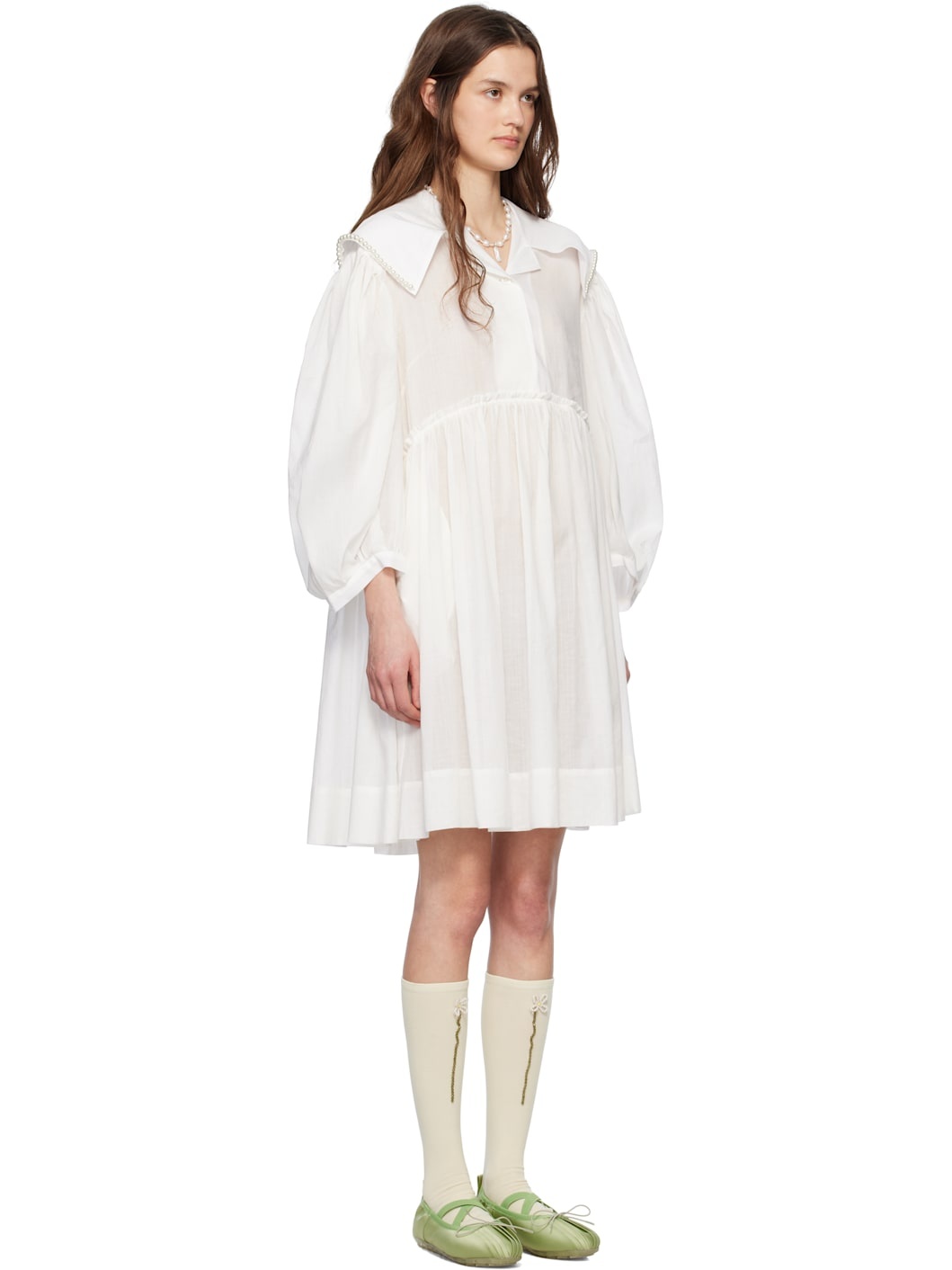 White Beaded Sailor Collar Shirt Minidress - 2