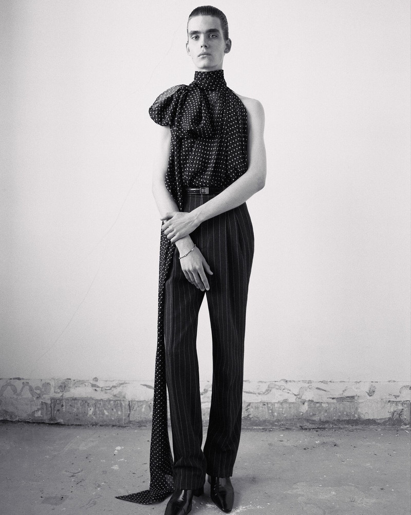 SAINT LAURENT oversized lavallière-neck top in dotted silk muslin outlook