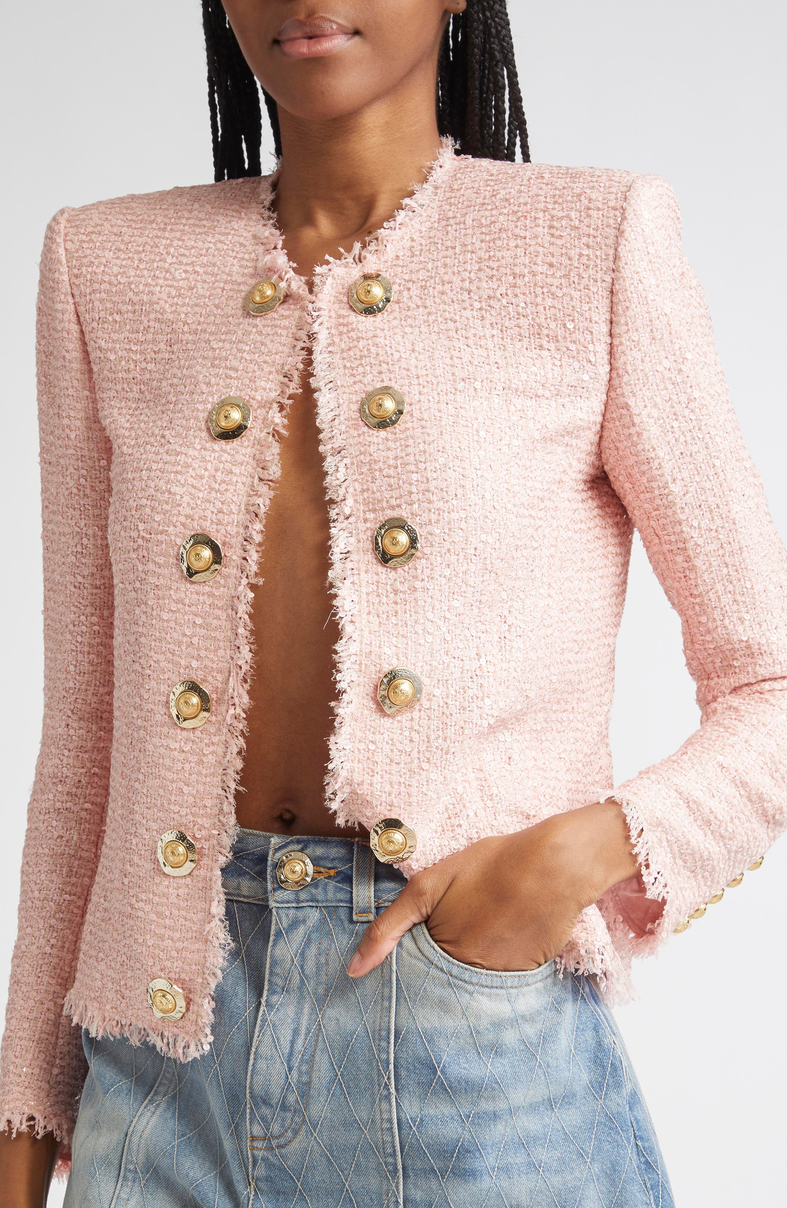 Balmain Glitter Embellished Silk Tweed Spencer Jacket in 4Cu Pink at Nordstrom - 5