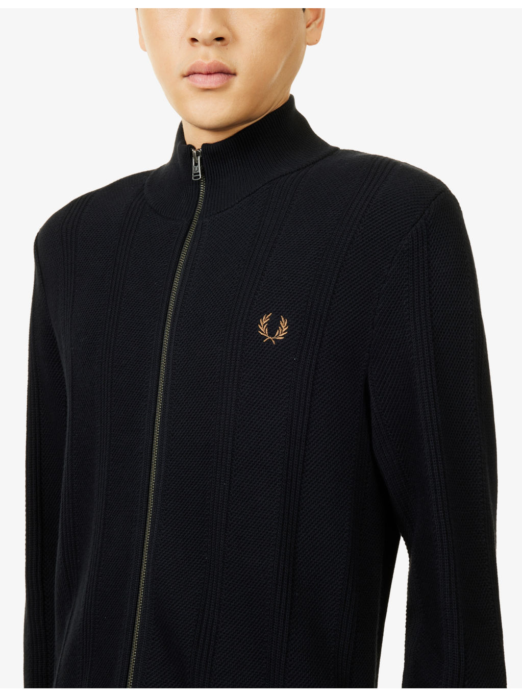 Logo-Embroidery Textured Zip Cotton Knitted Cardigan - 5
