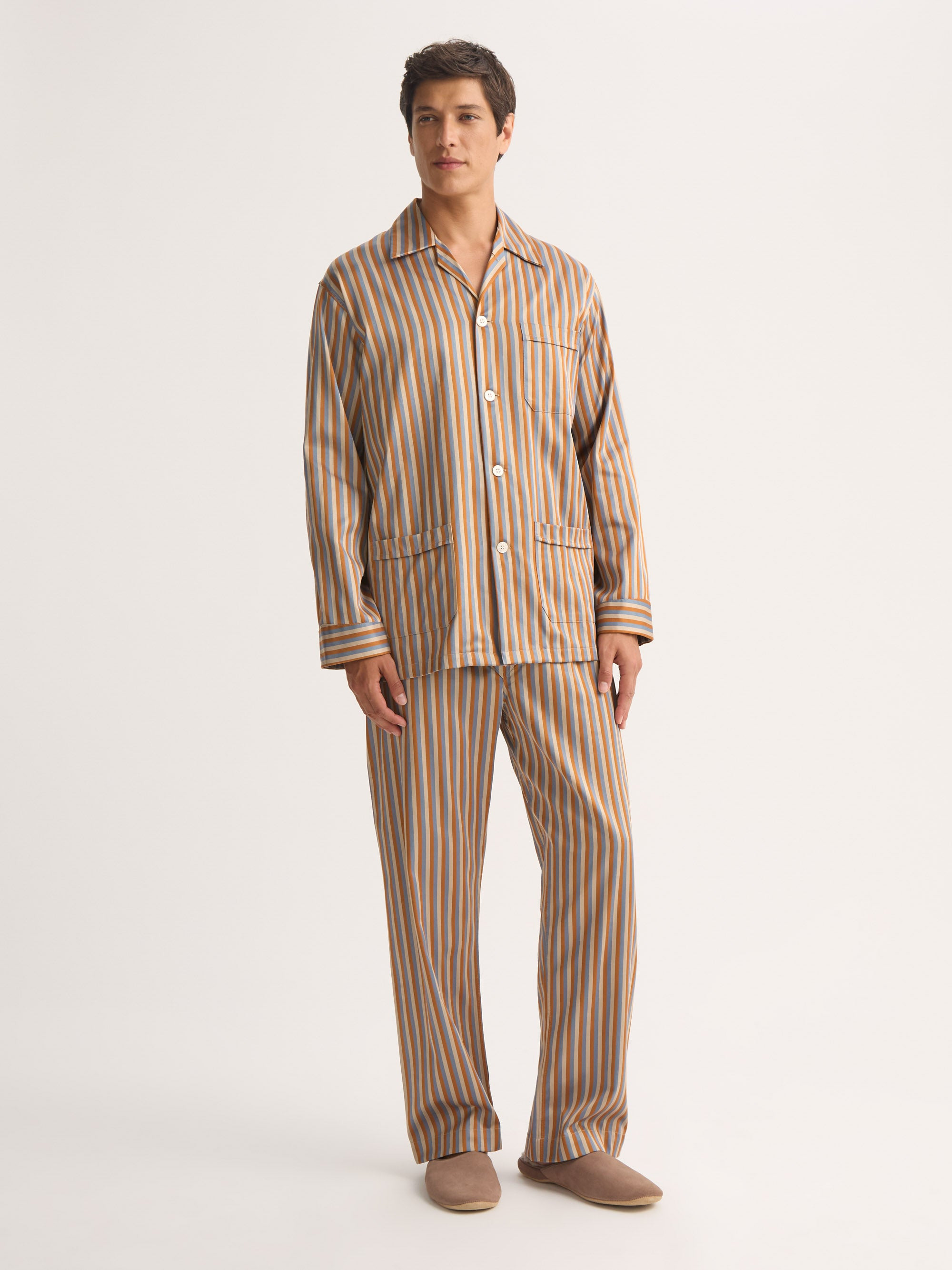 Men's Classic Fit Pajamas Wellington Cotton Brown and Blue Multicolor Stripe - 3