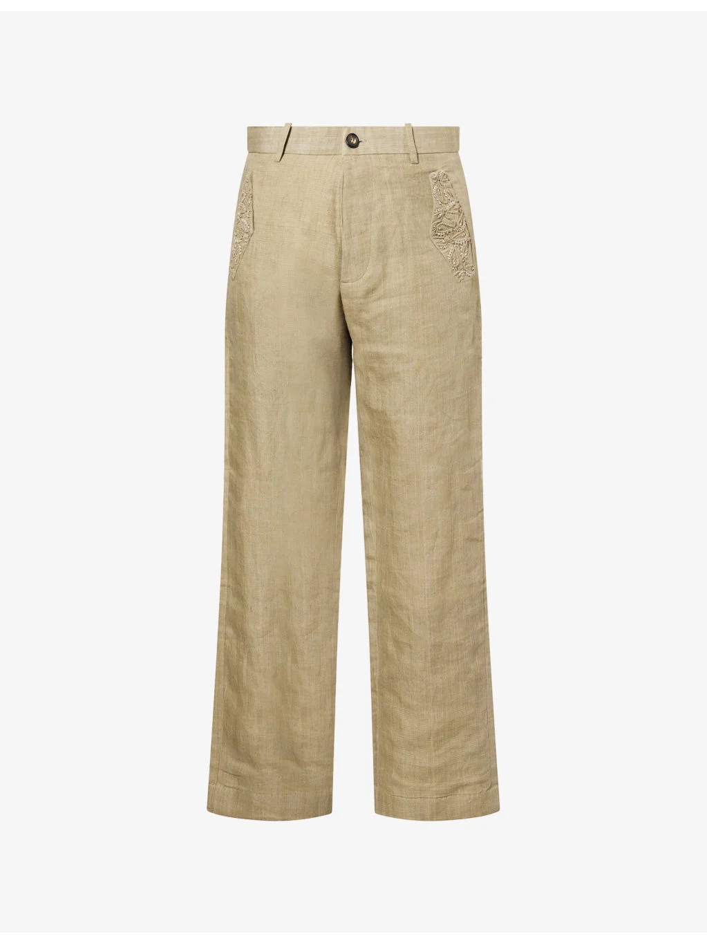 Bead-Embellished Straight-Leg Linen Trousers - 1