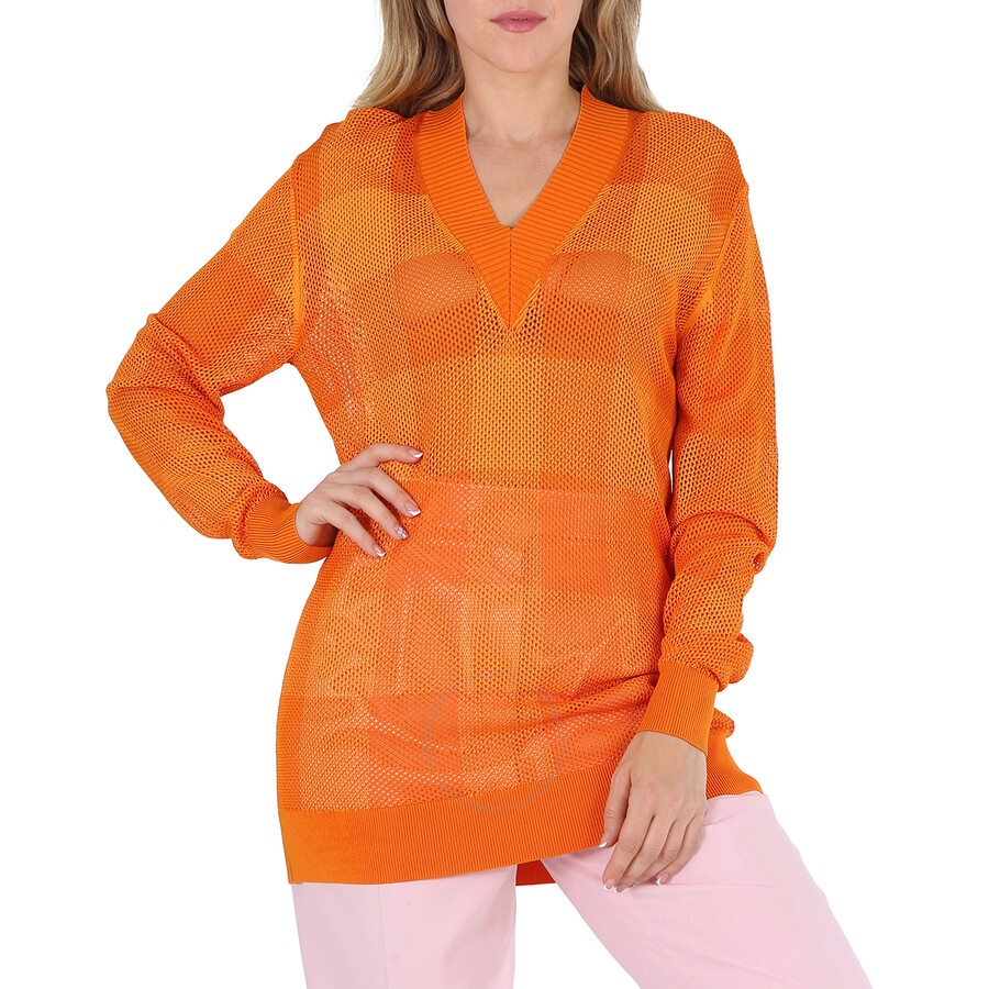 Burberry Ladies Deep Orange Zoie Check Mesh Lace V-Neck Jumper - 3
