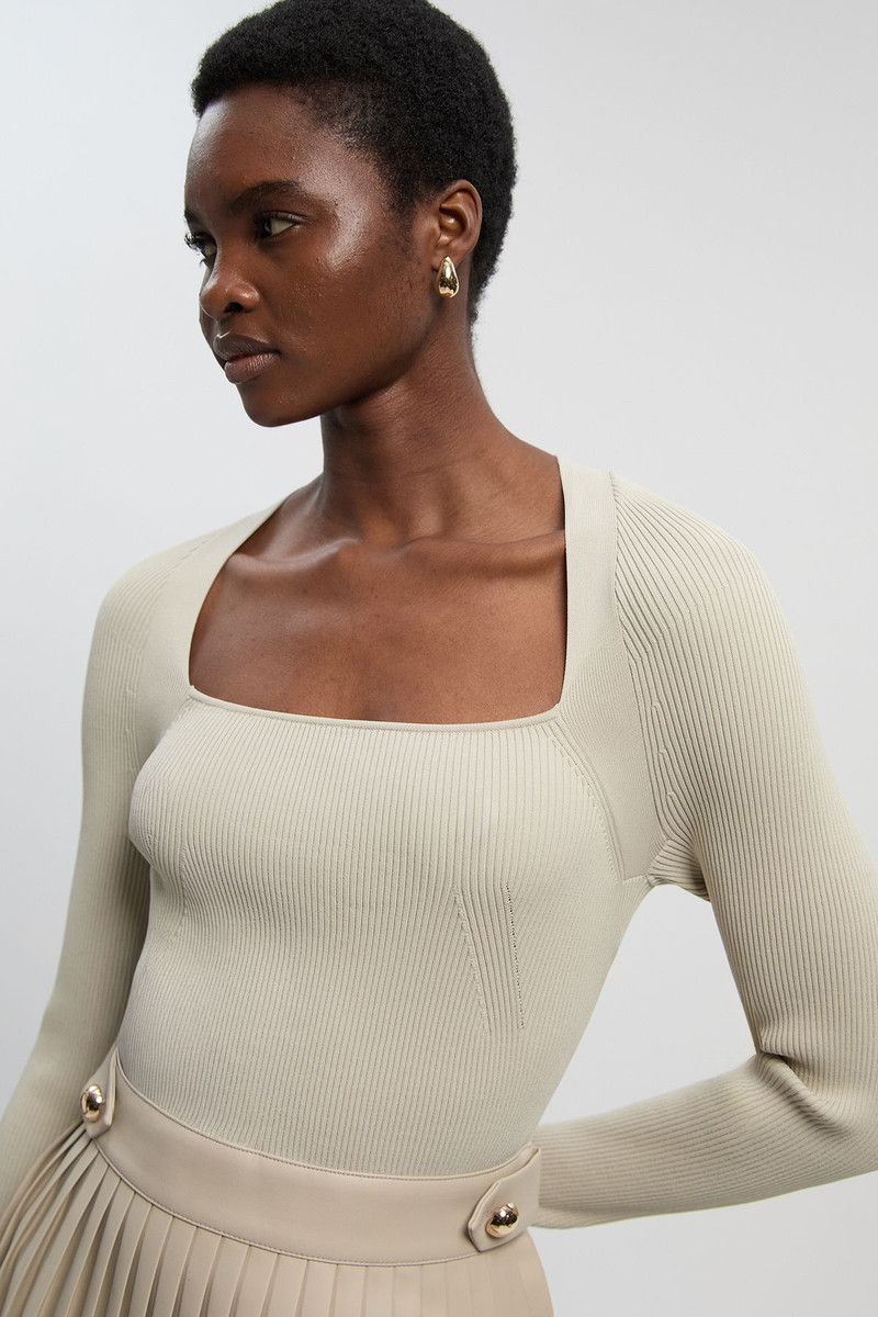 KAREN MILLEN Viscose Rib Pu Mix Tab Detail Pleated Knit Mini Dress outlook