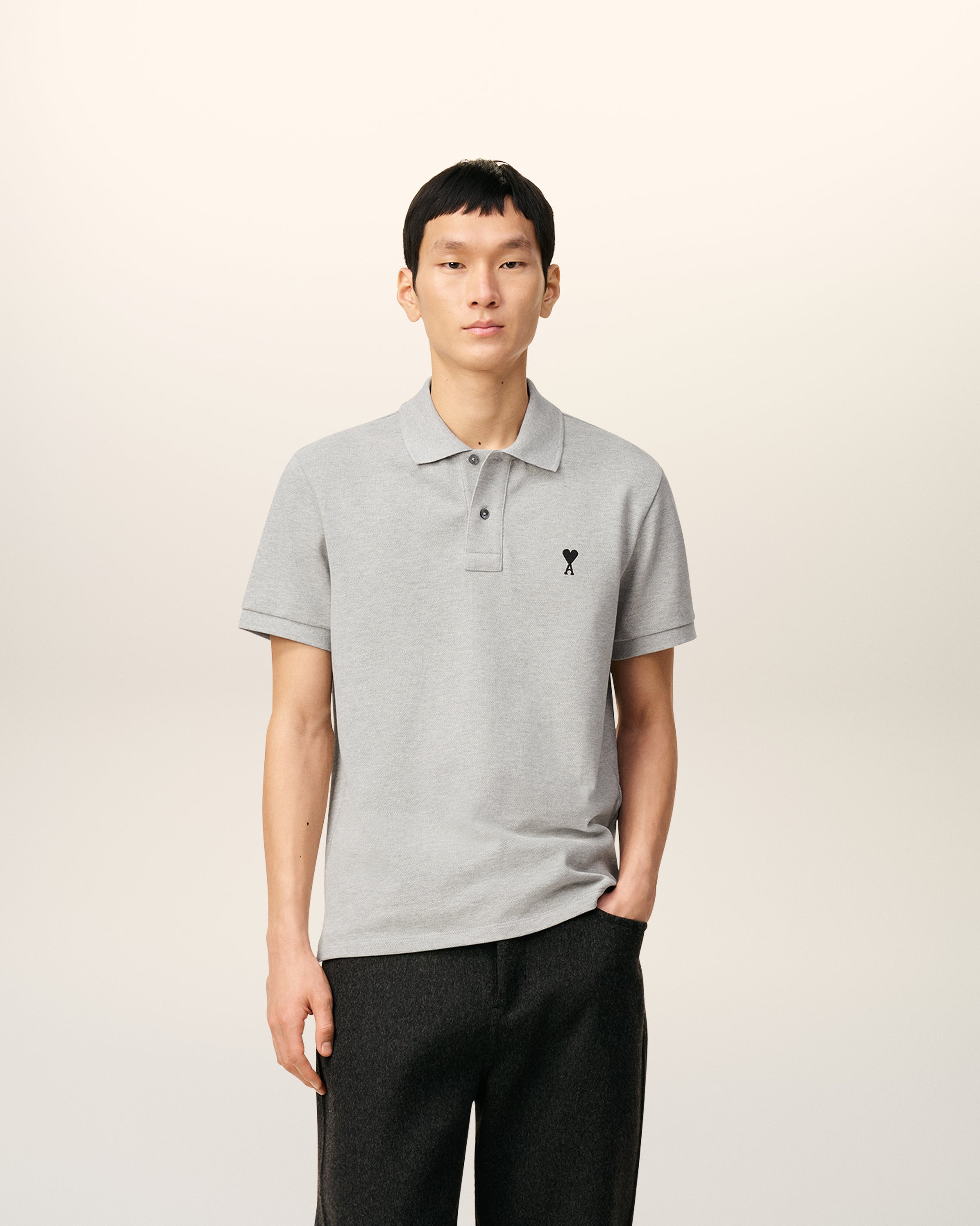 GREY COTTON CONTRASTED AMI DE COEUR POLO SHIRT - 2