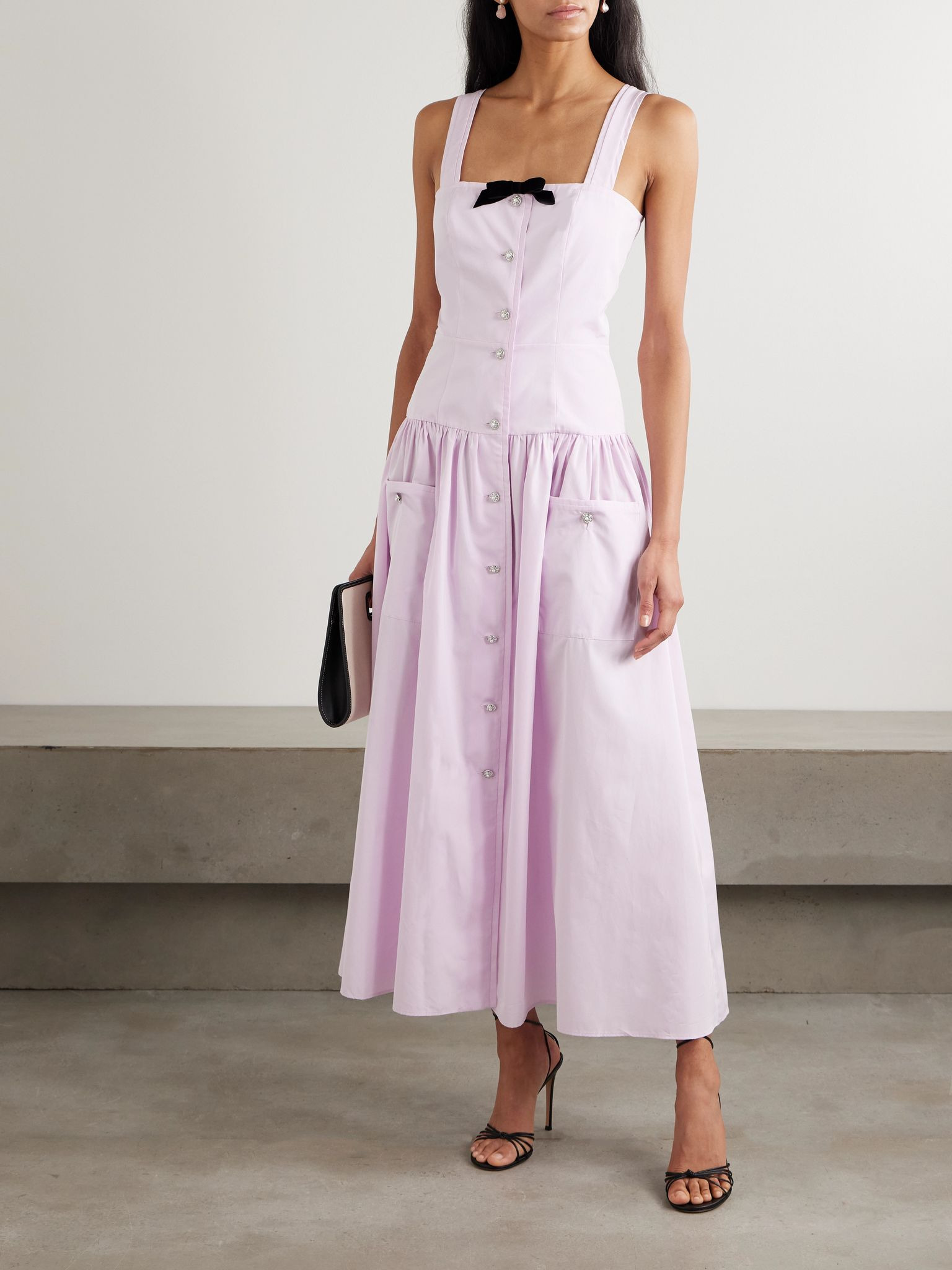 Bow-detailed velvet-trimmed gathered cotton-poplin midi dress Pink - 2