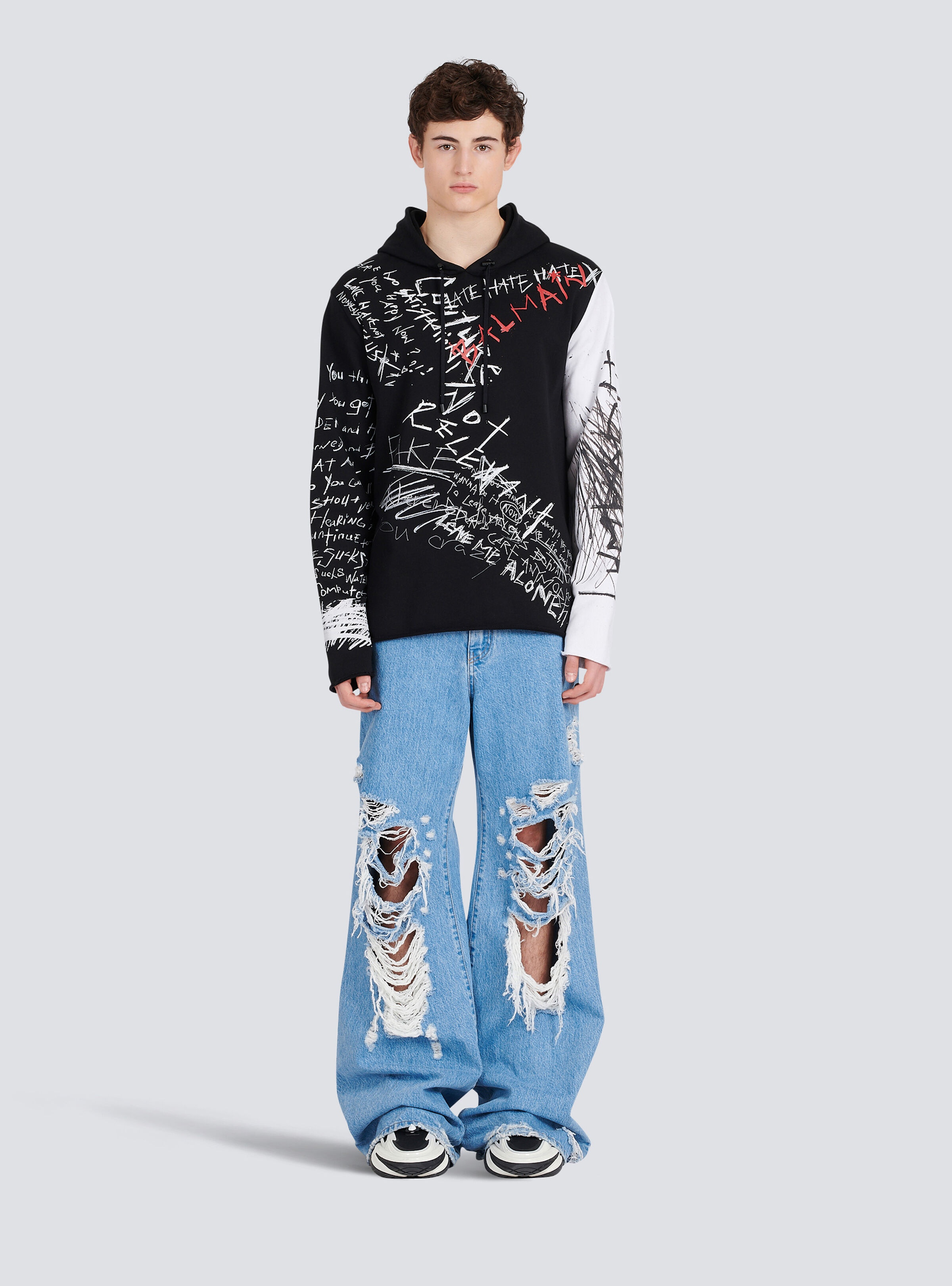 Hooded cotton sweatshirt with graffiti Balmain logo print - 3