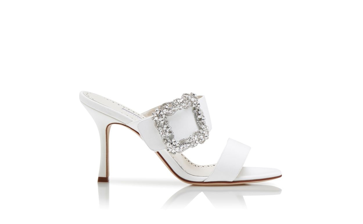 White Crepe de Chine Jewel Buckle Mules - 1