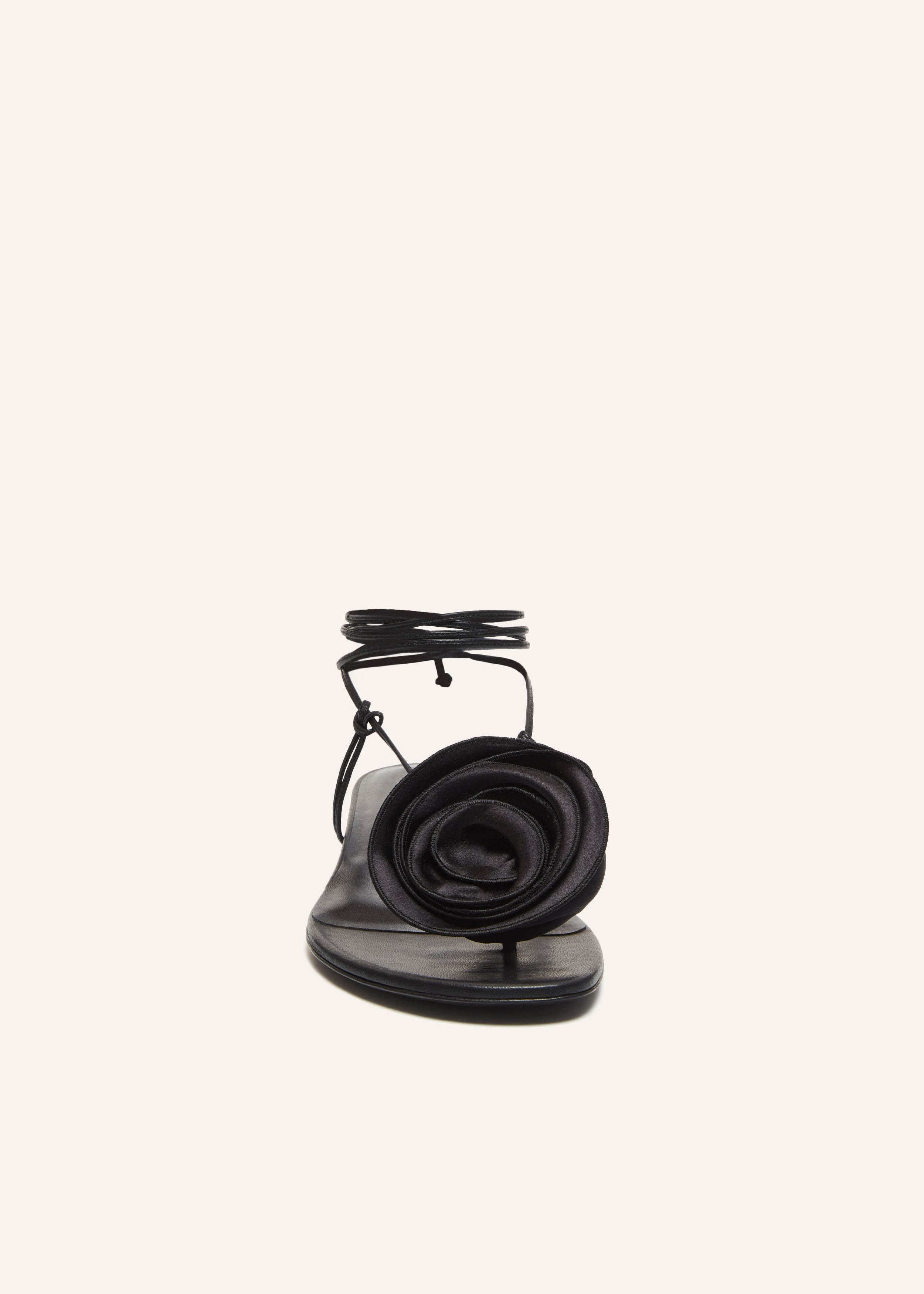 Wrap around flat flower sandals in black satin - 3