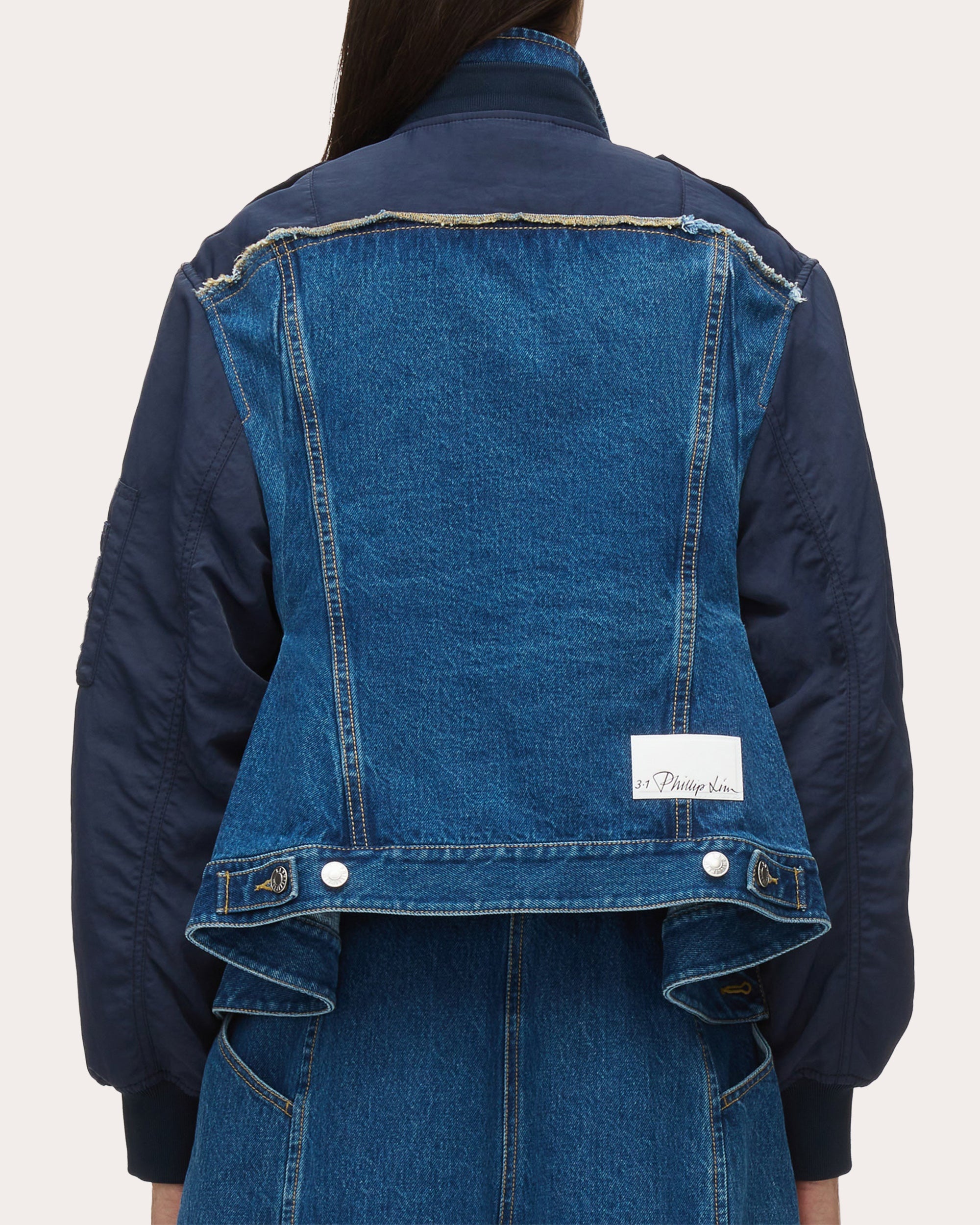 Ruffle-Hem Paneled Denim Flight Jacket - 2