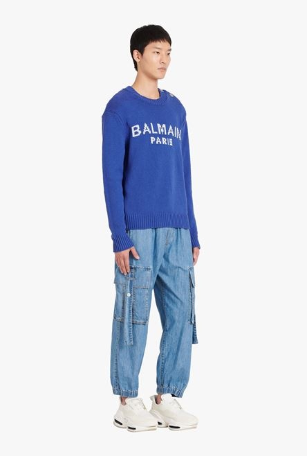 HIGH SUMMER CAPSULE - “Gitane” blue cotton sweater with embroidered white Balmain Paris logo - 7