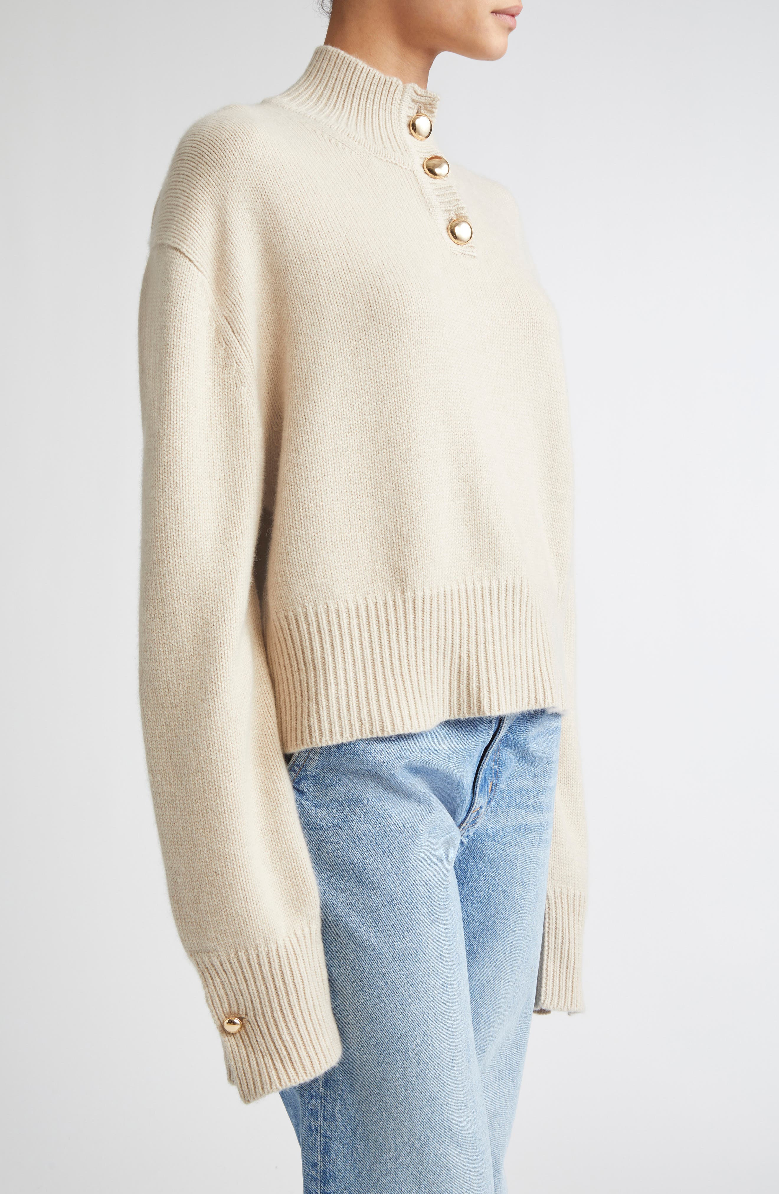 Brandon Maxwell The Rowe Crop Cashmere Henley Sweater in Oatmeal at Nordstrom - 4