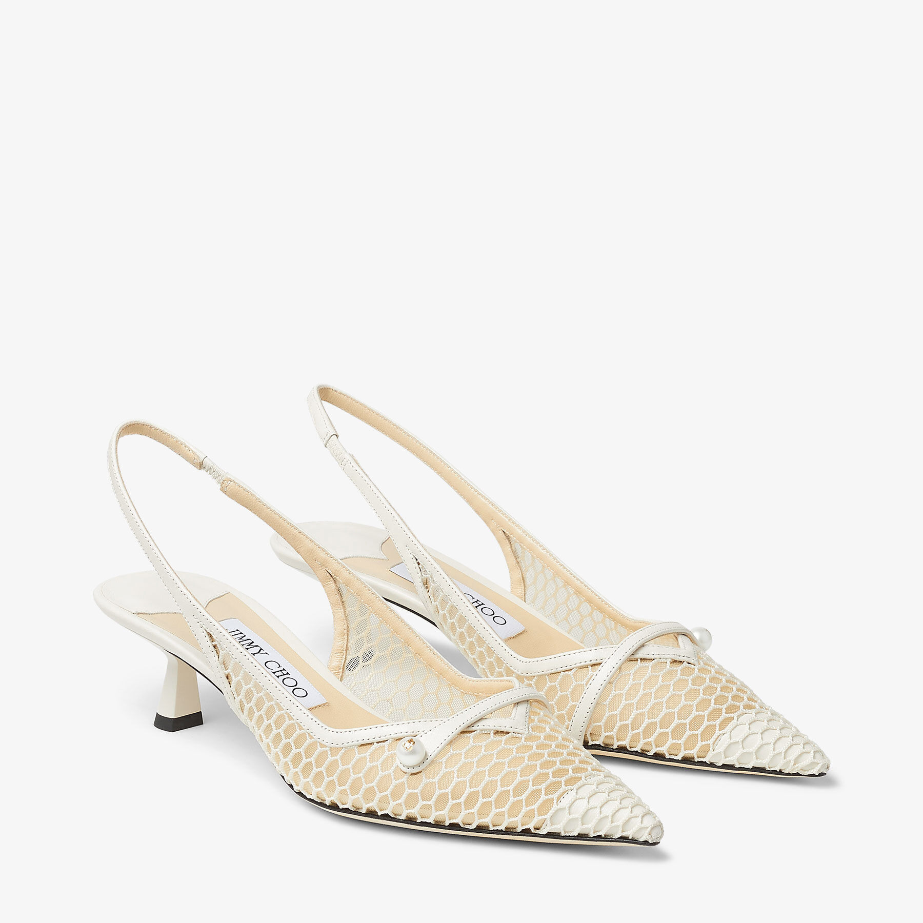 Amita 45
White Fishnet Mesh and Latte Nappa Slingback Pumps - 2