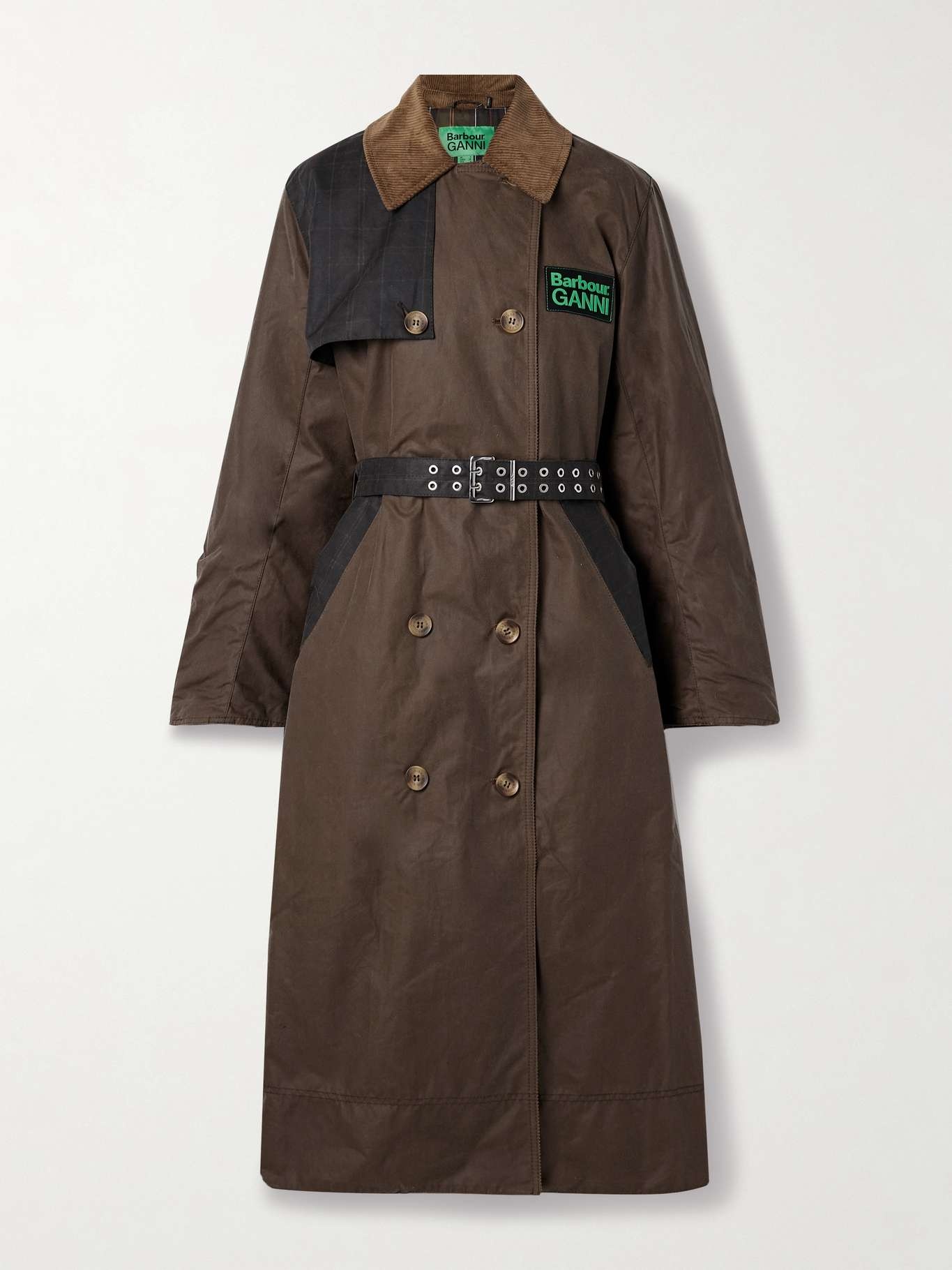 + GANNI belted corduroy-trimmed paneled checked waxed-organic cotton trench coat - 1