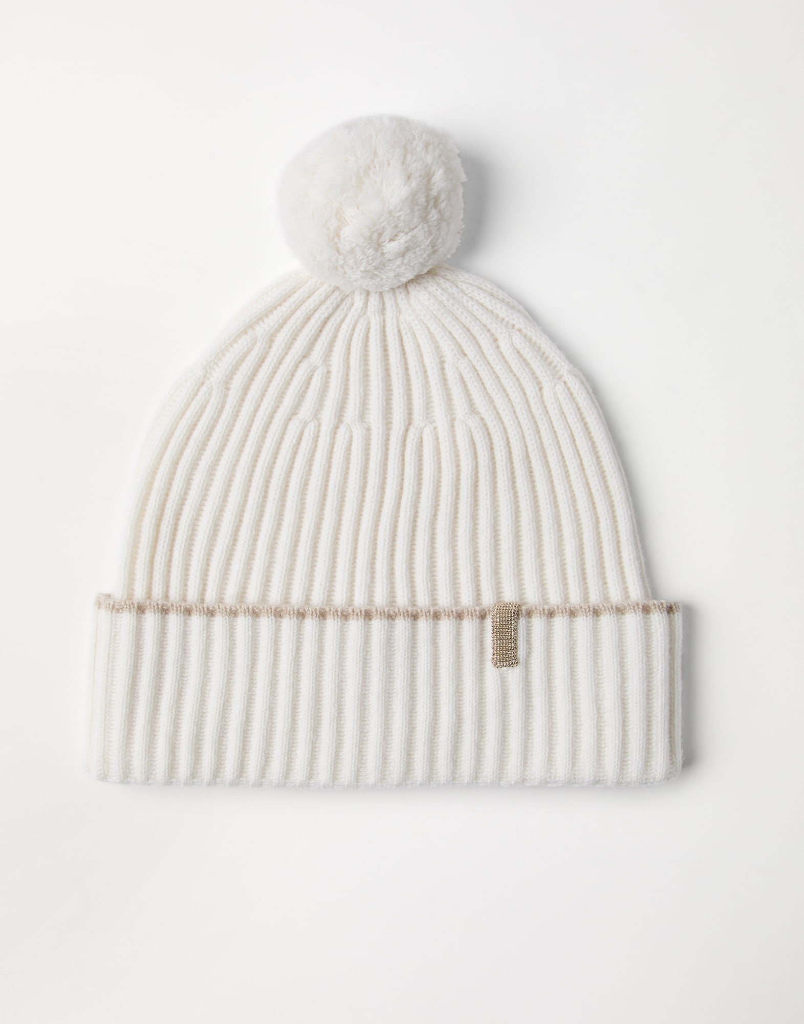 Cashmere rib knit beanie with pompom and monili - 1