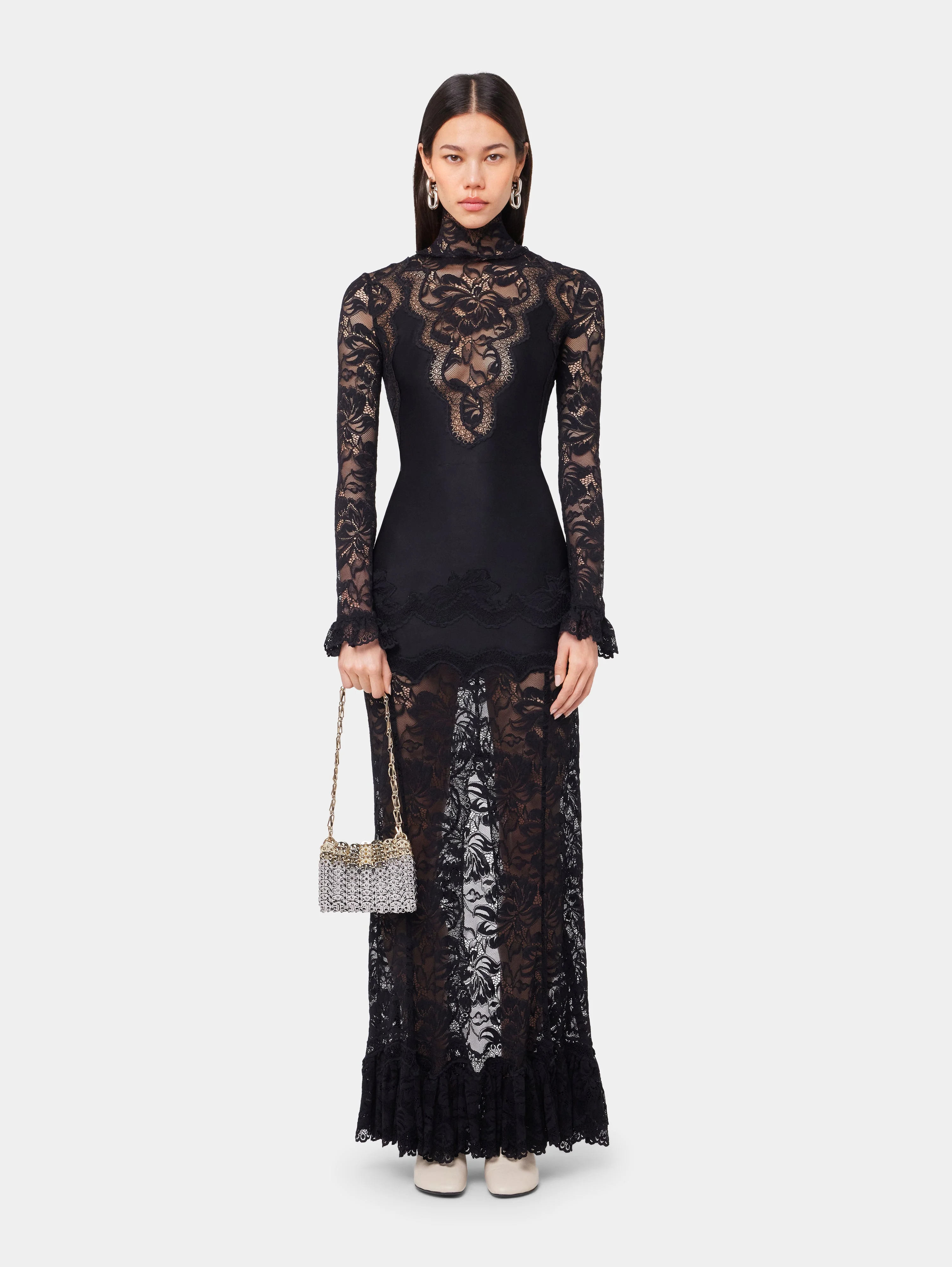 rabanne BLACK LONG DRESS IN LACE AND JERSEY - 26ajro372pa0170 | REVERSIBLE