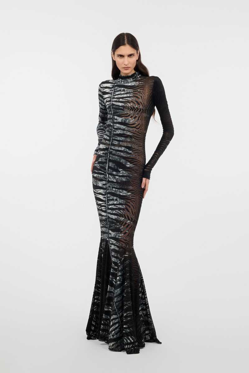 Roberto Cavalli Long See-Through Dress With Zebra Pattern outlook