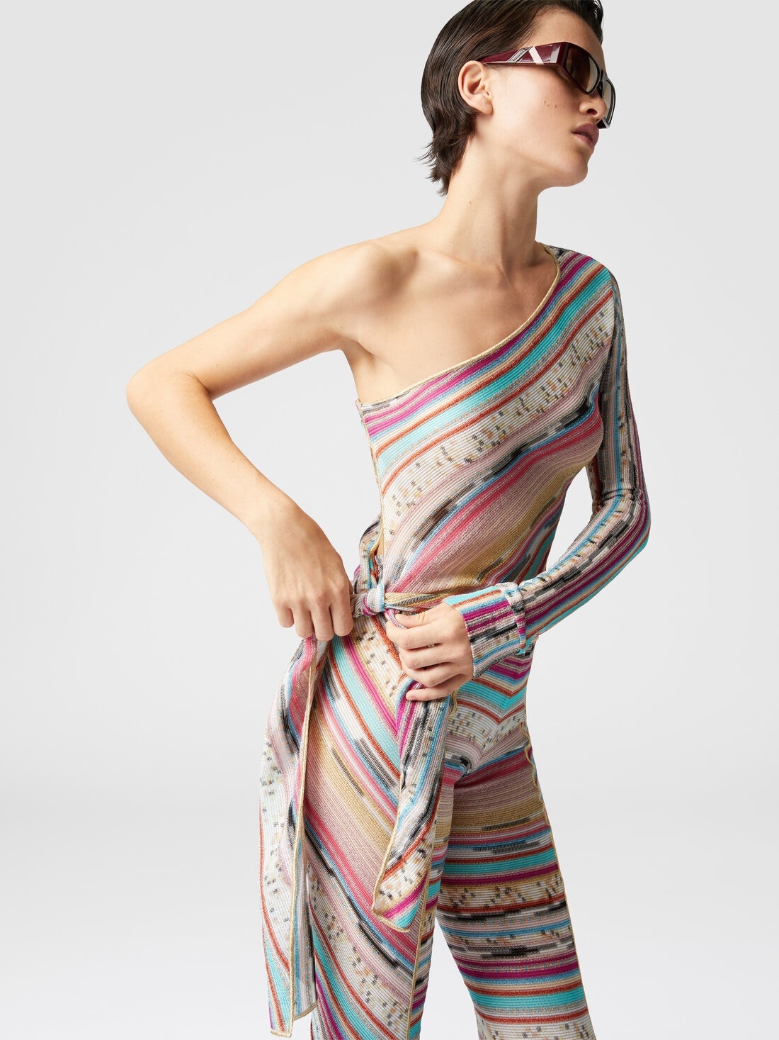 One-shoulder sweater knotted on the side in lamé slub viscose - 4