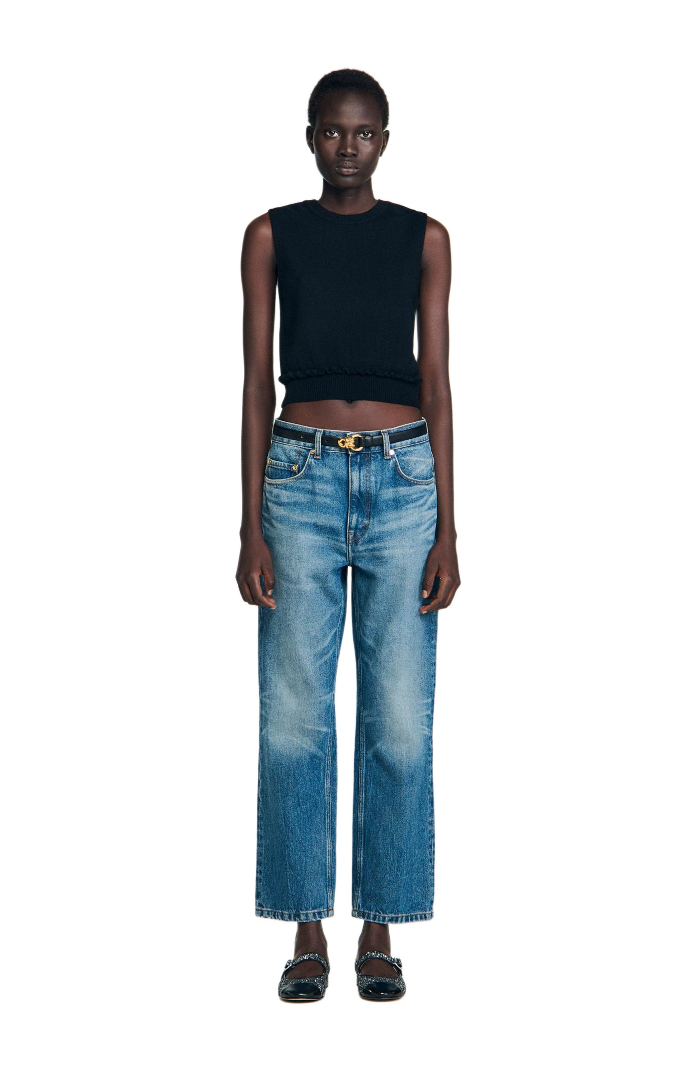 SANDRO Ruffled cropped sweater in Black at Nordstrom - 3