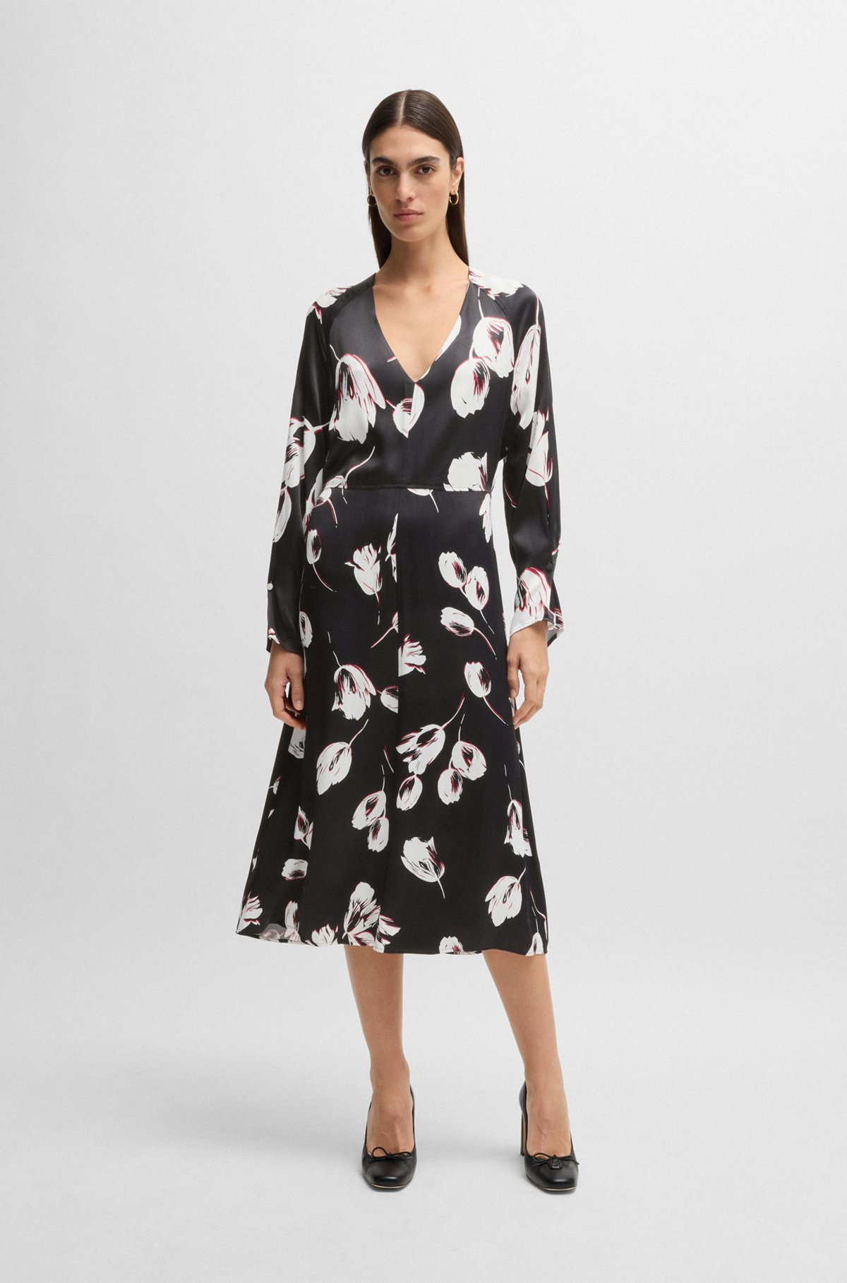 SATIN V-NECK DRESS WITH TULIP PRINT - 3