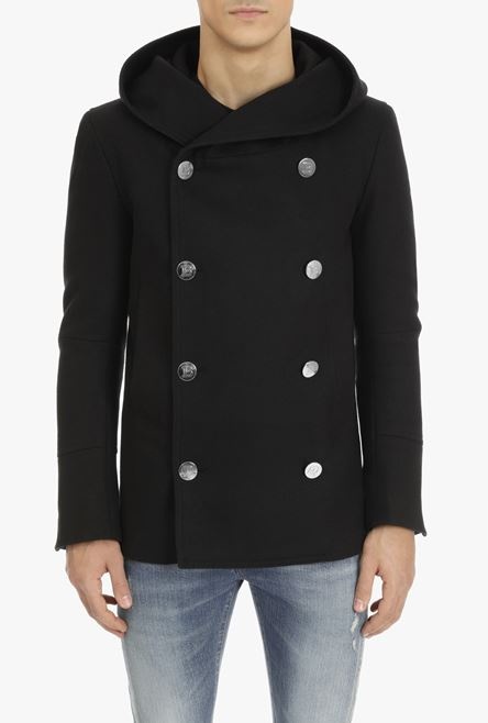 Black wool hooded pea coat with double-breasted silver-tone buttoned fastening - 6