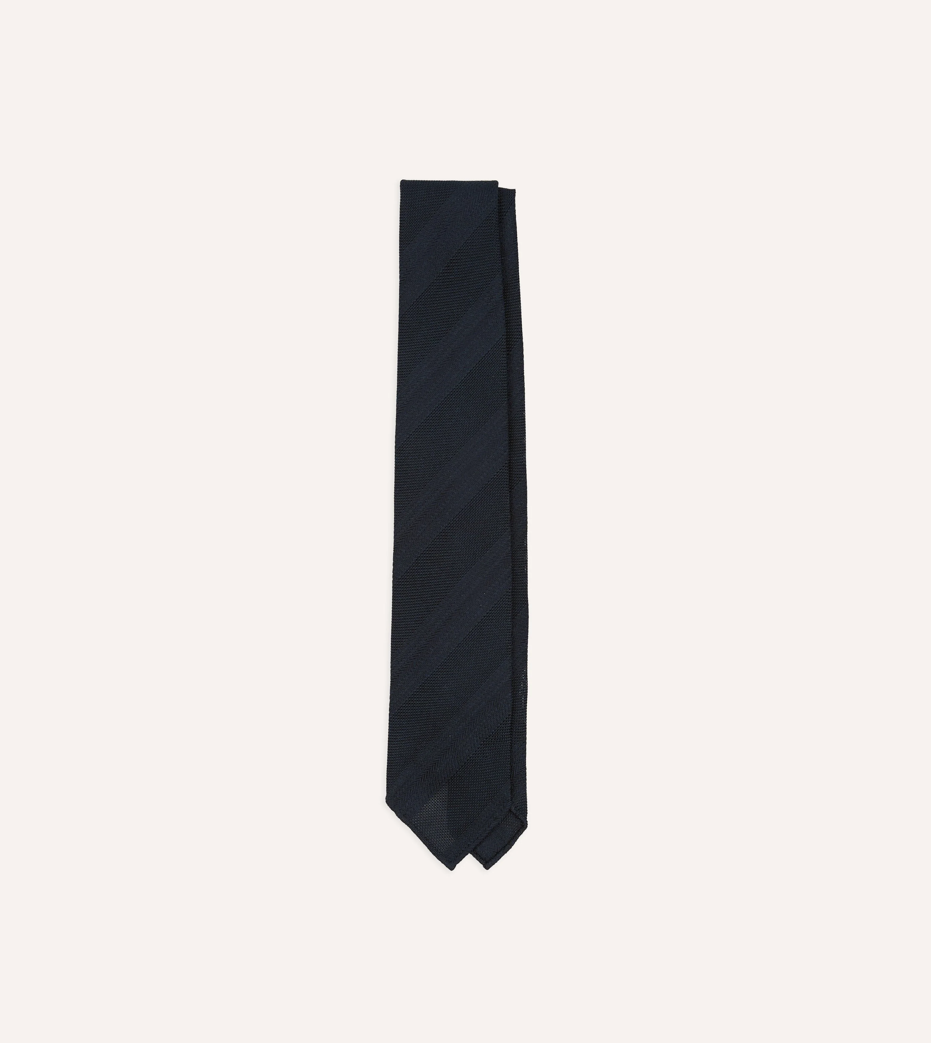 Navy Textured Stripe Hand Rolled Silk Grenadine Tie - 1