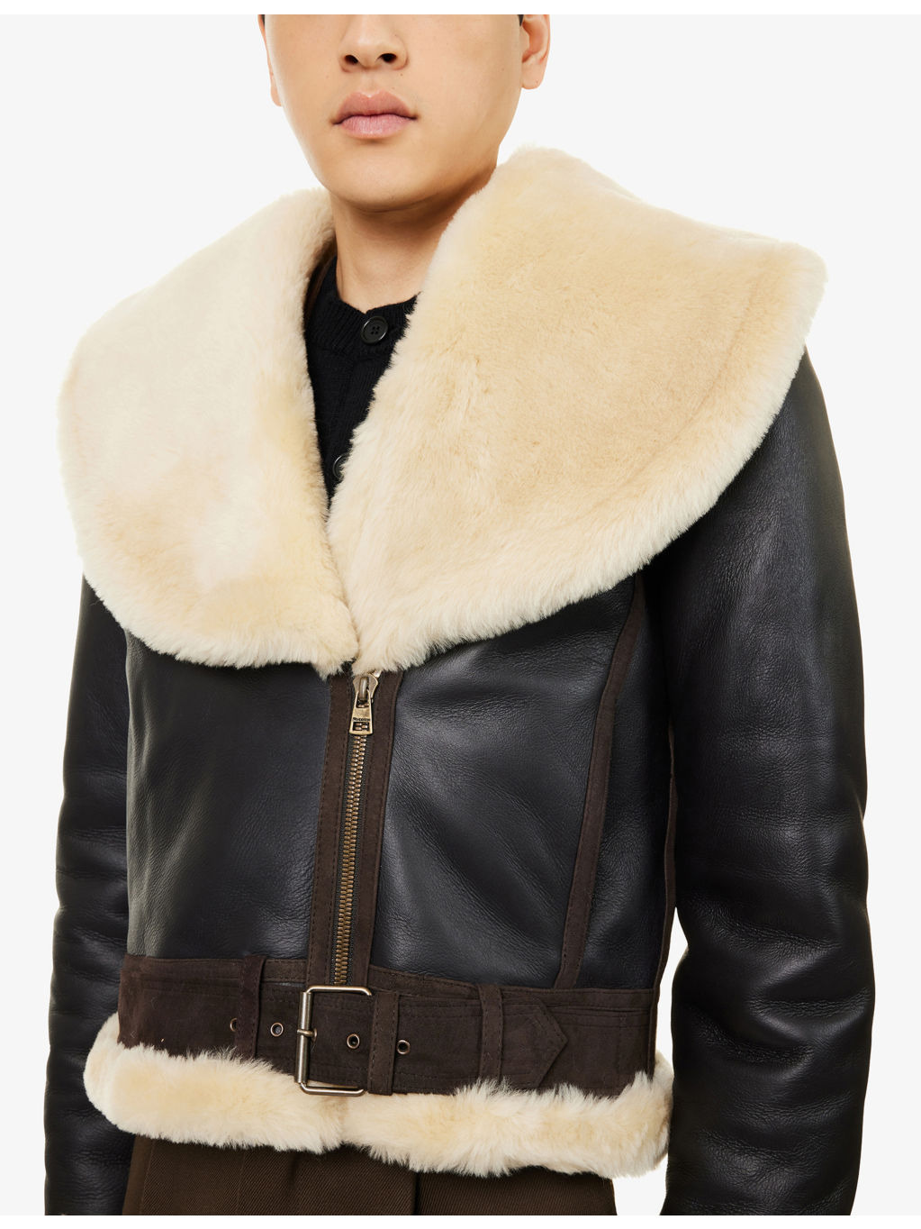 Oversized-Collar Sheepskin Leather Aviator Jacket - 5