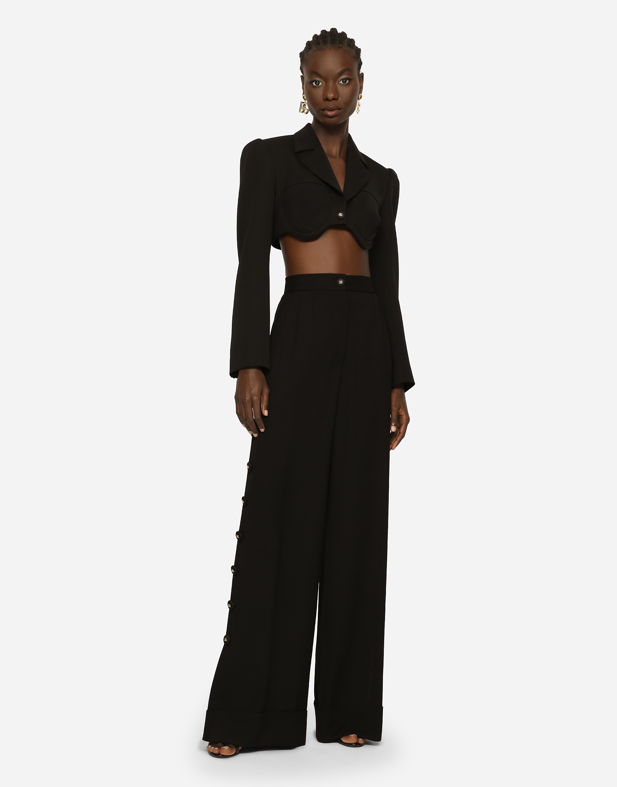 Piqué palazzo pants with buttons and turn-ups - 2