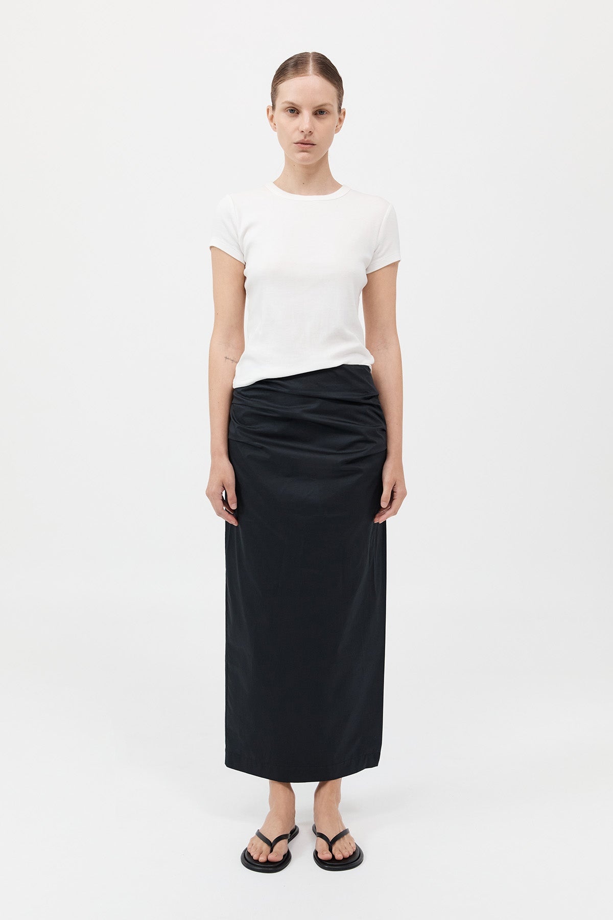 Cotton Tuck Midi Skirt - Black - 2