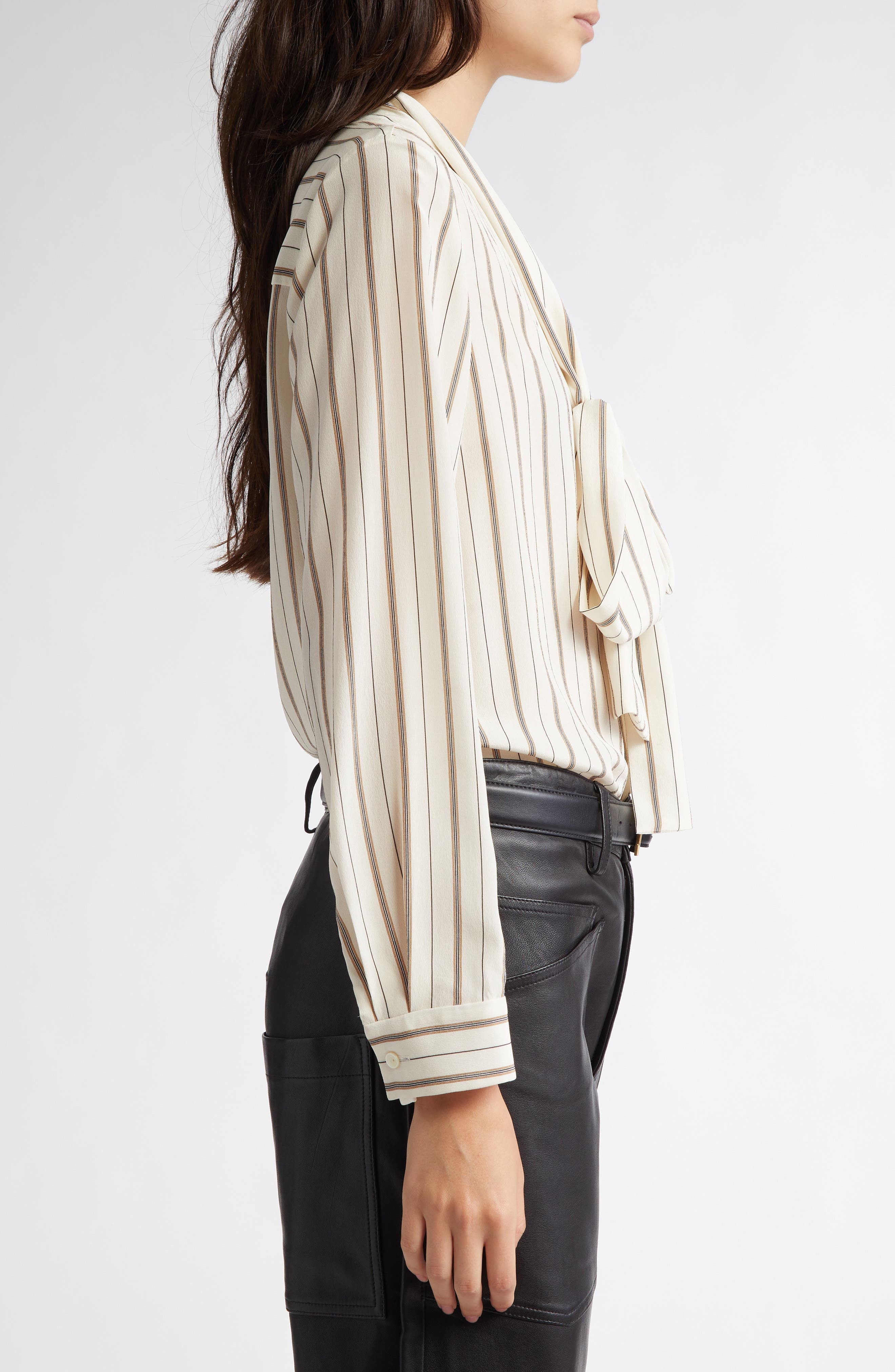 Nili Lotan Angelique Stripe Tie Neck Silk Shirt in Brandy Stripes at Nordstrom - 4