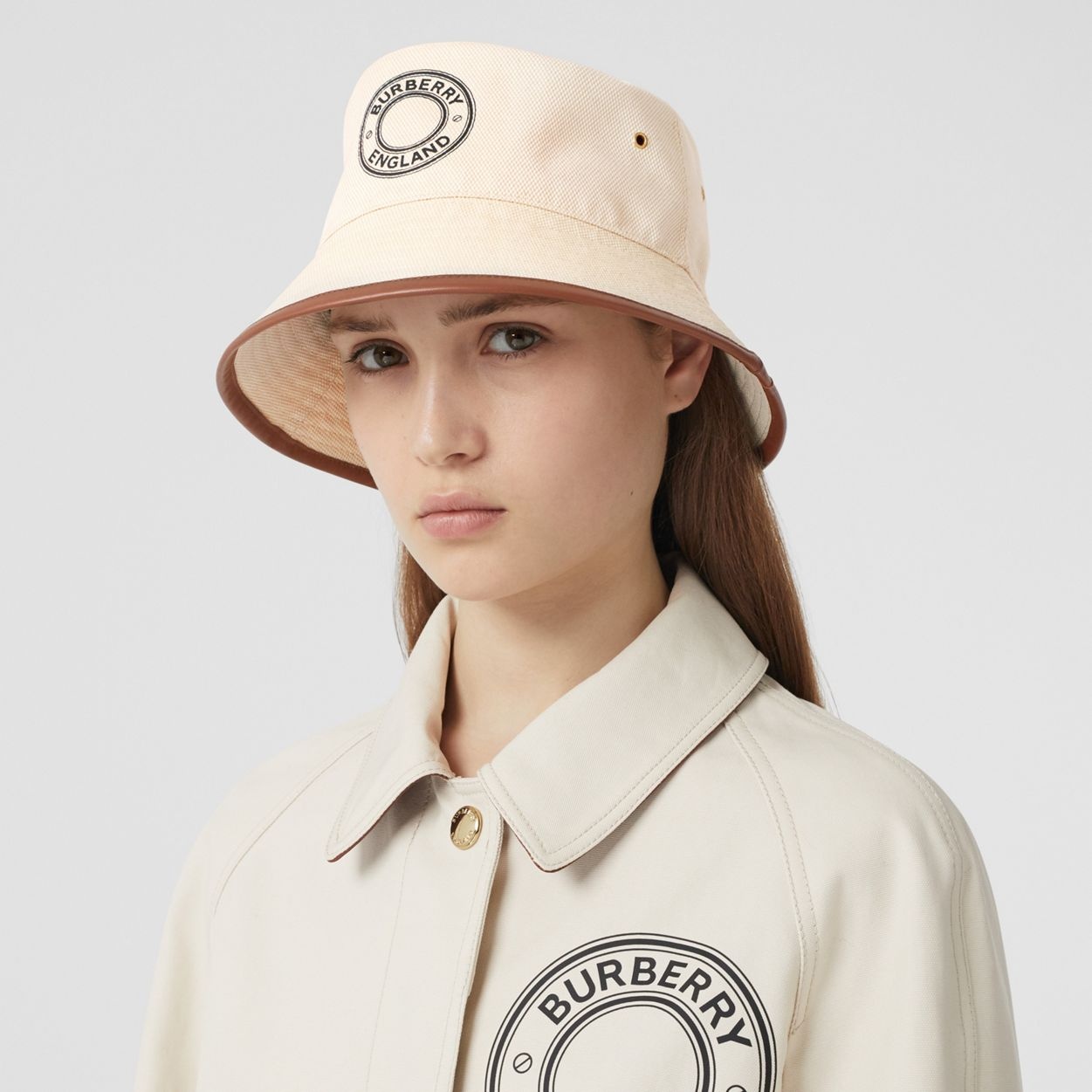 Leather Trim Logo Graphic Cotton Bucket Hat - 2