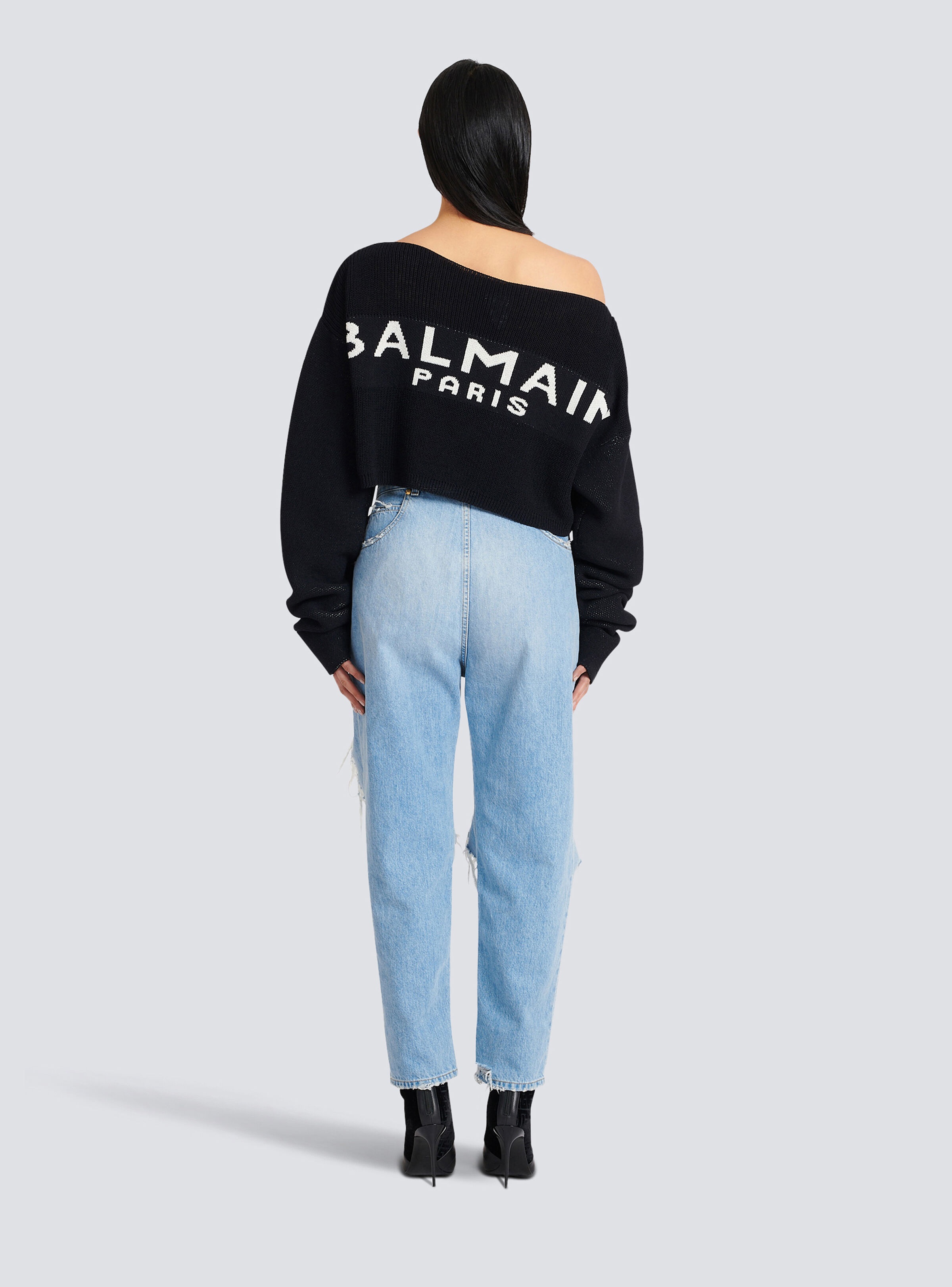 Cropped knit sweater with graffiti Balmain logo print - 4