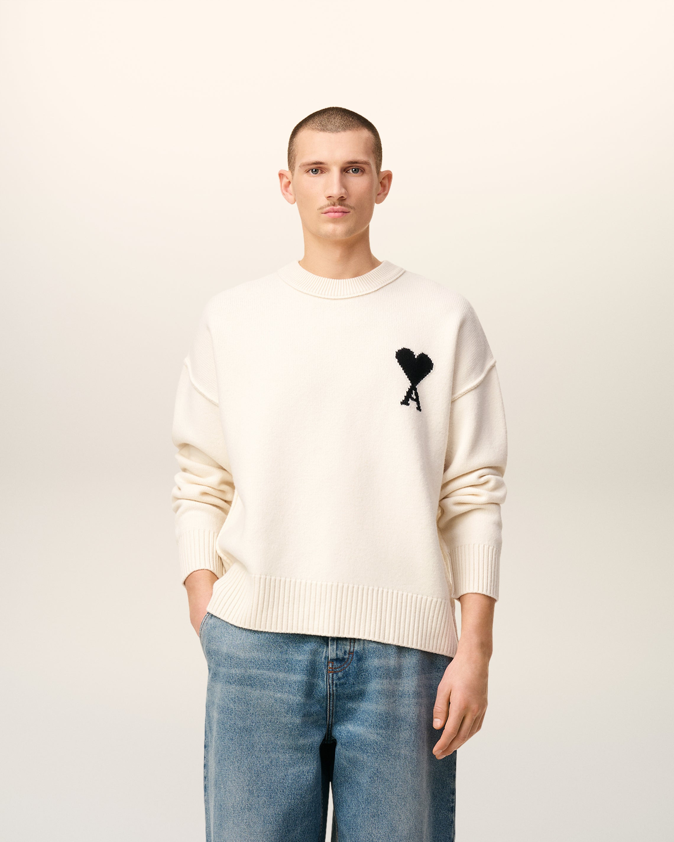 WHITE WOOL AMI DE COEUR CREWNECK SWEATER - 3
